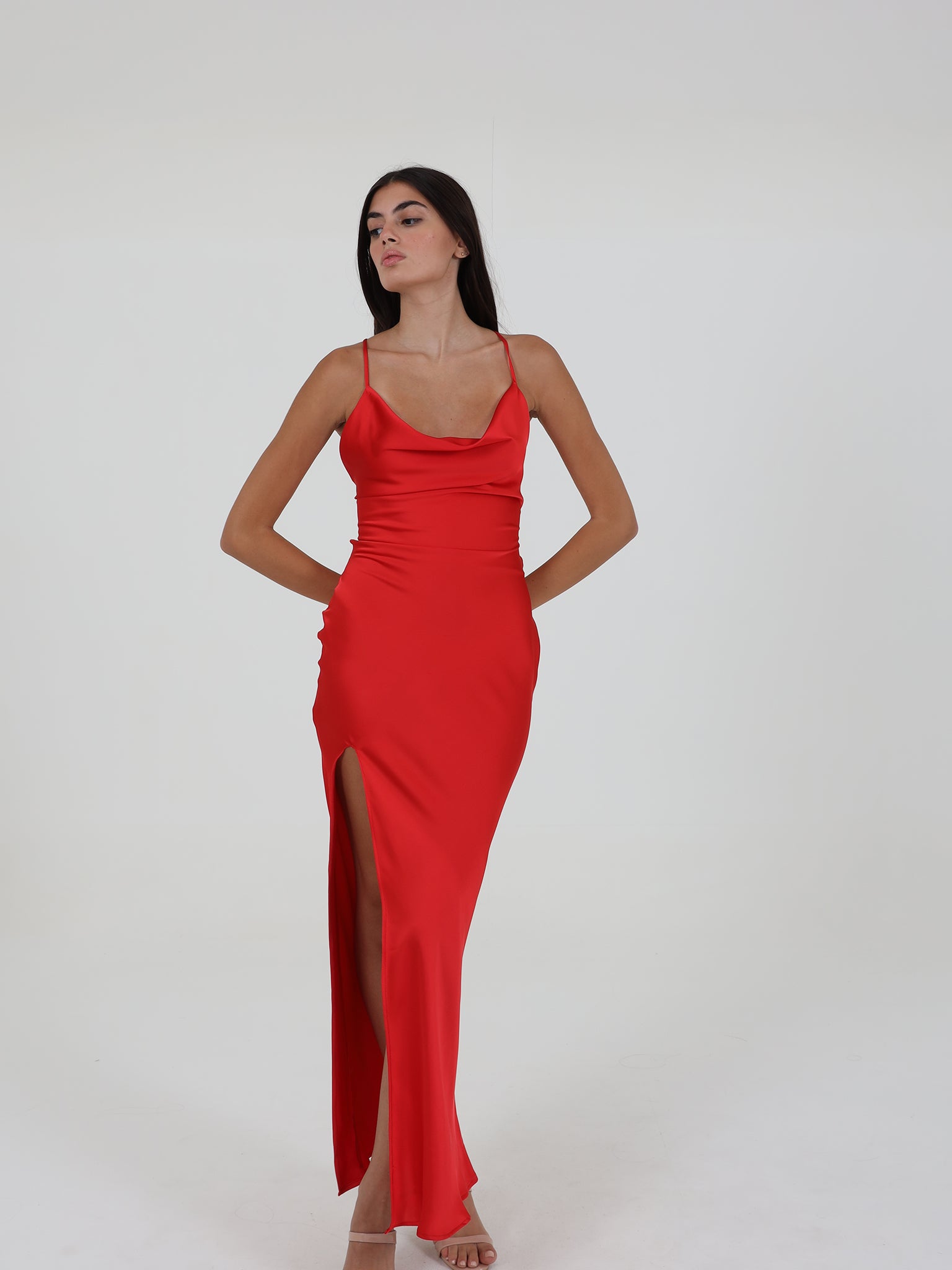 Satin Dress With Open Back And Side Slit