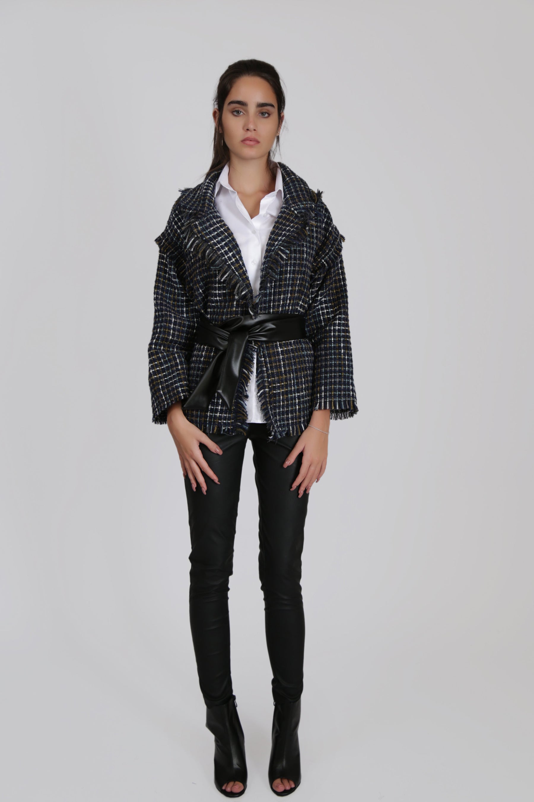Dark Blue Textured Jacket with Black Faux Leather Belt