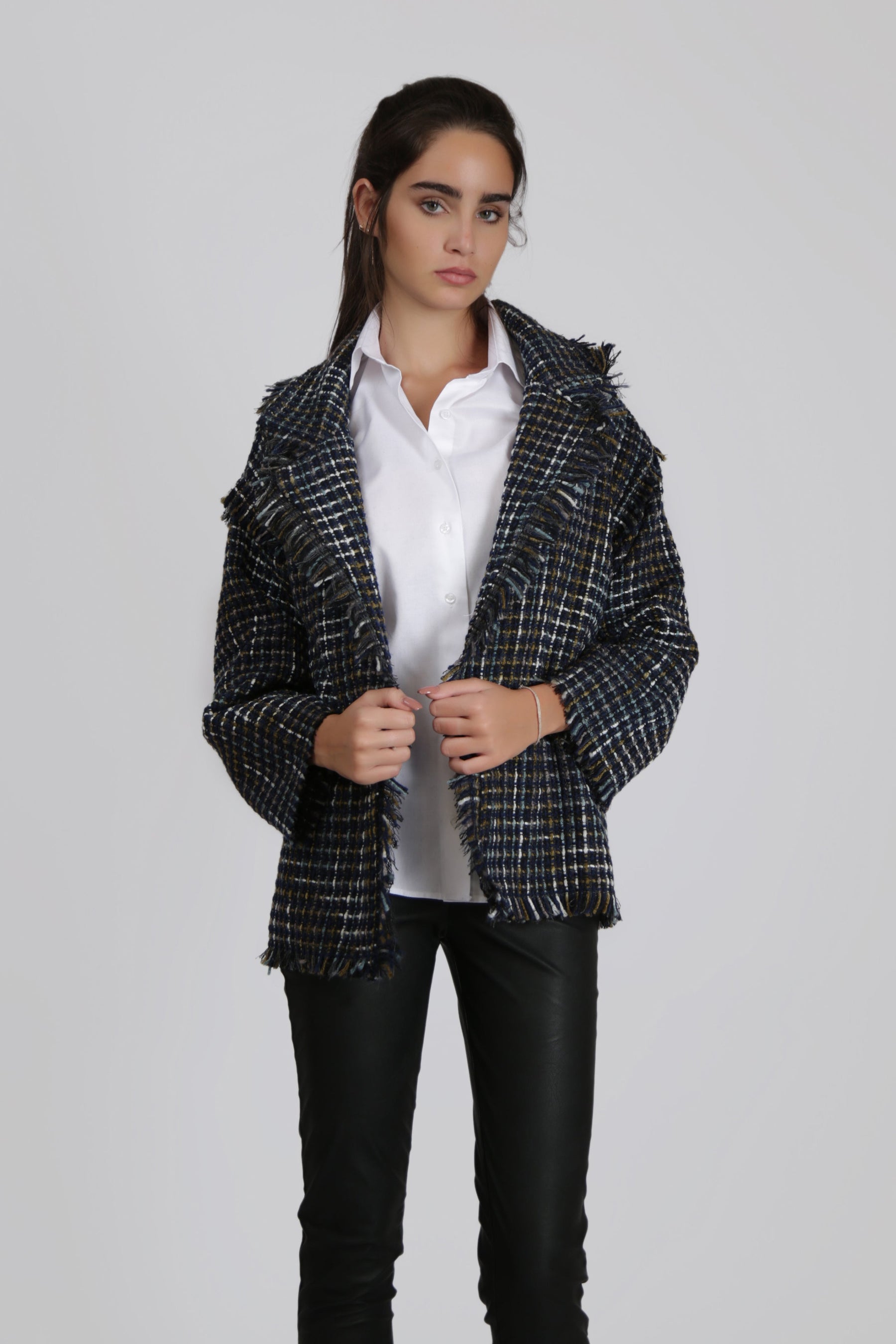 Dark Blue Textured Jacket with Black Faux Leather Belt