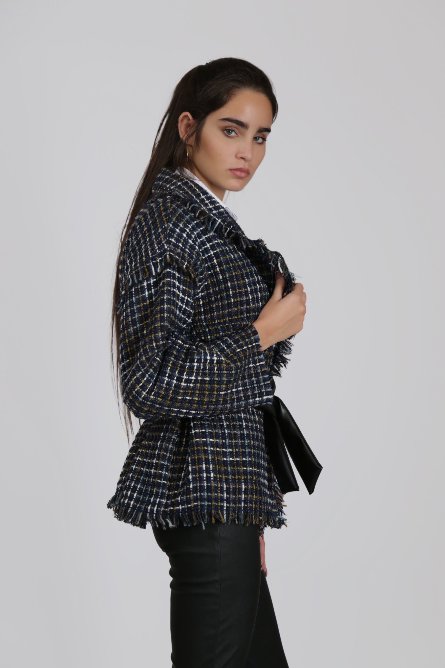 Dark Blue Textured Jacket with Black Faux Leather Belt