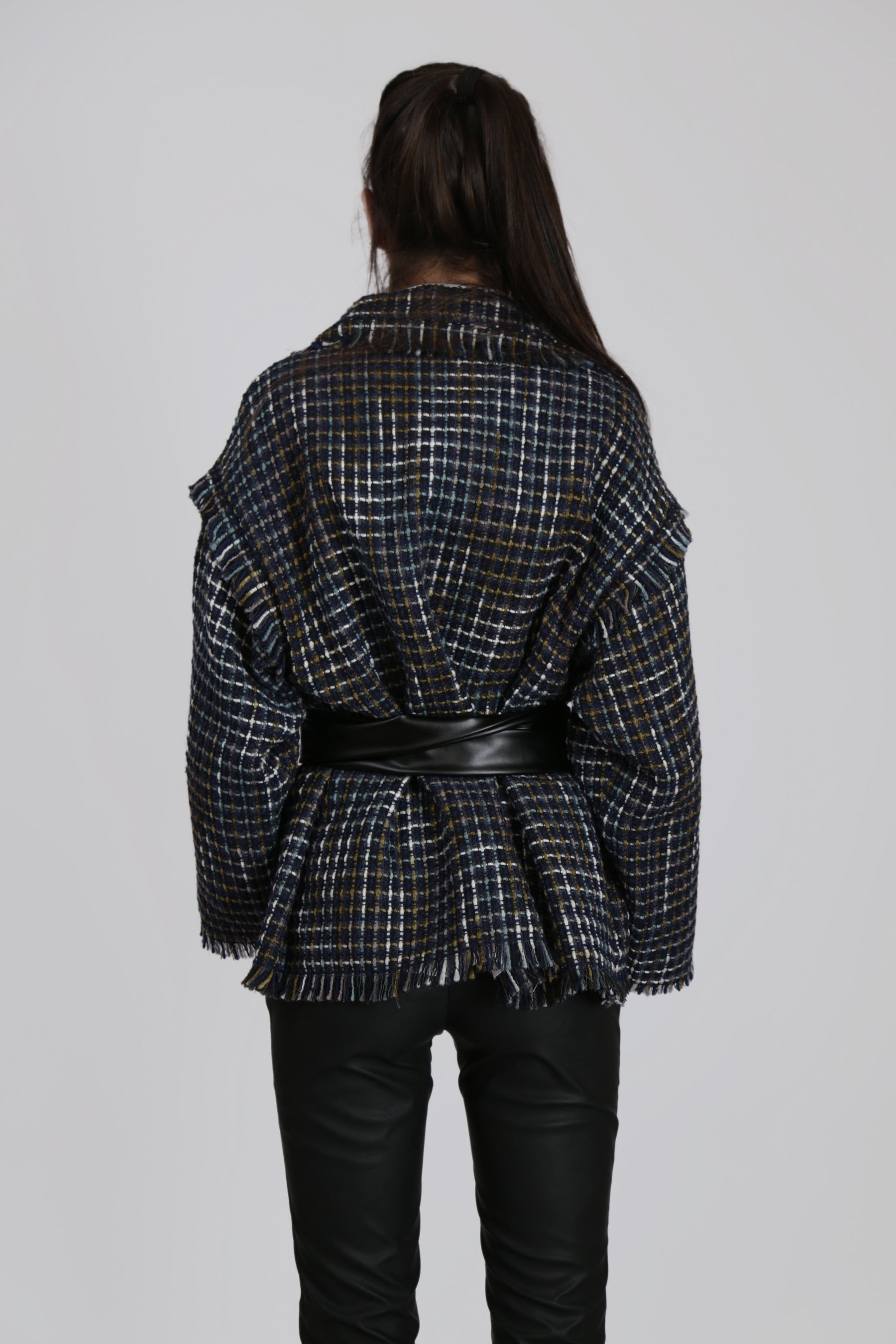 Dark Blue Textured Jacket with Black Faux Leather Belt