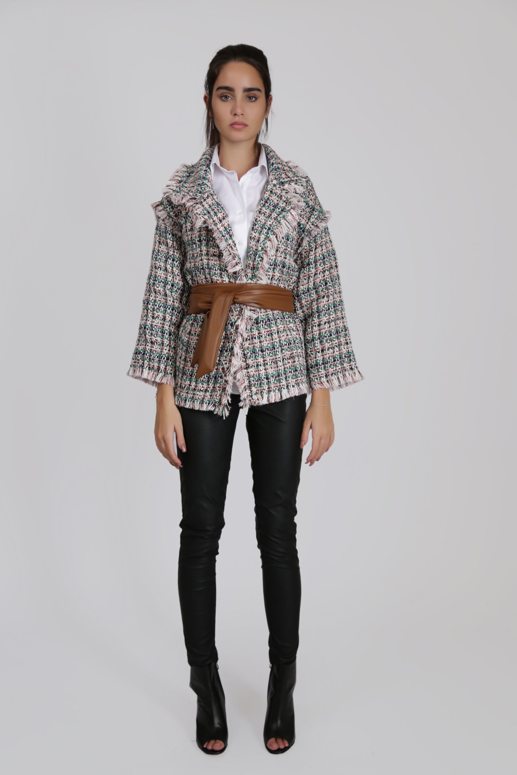 Green Textured Jacket with Black Faux Leather Belt