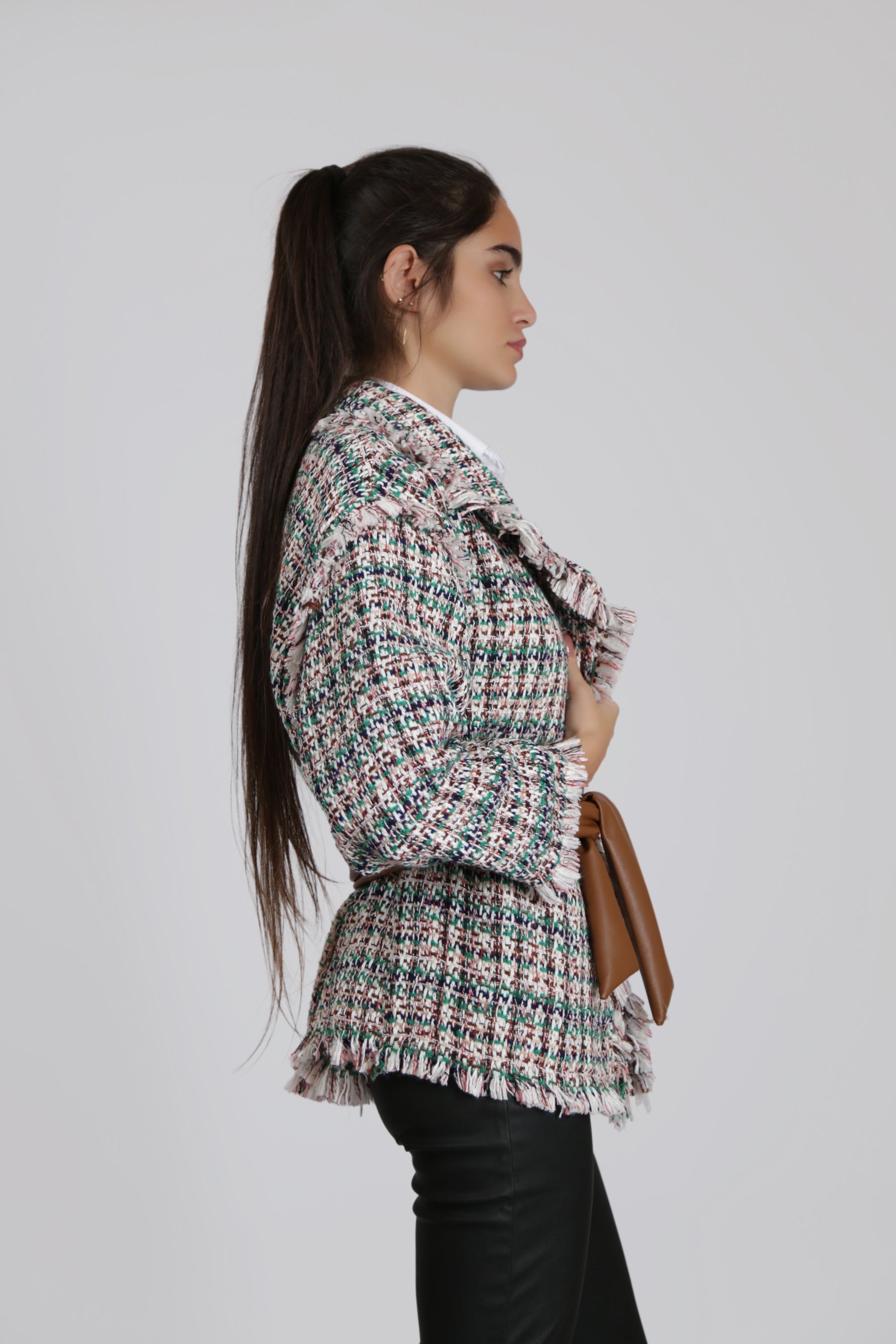 Green Textured Jacket with Black Faux Leather Belt