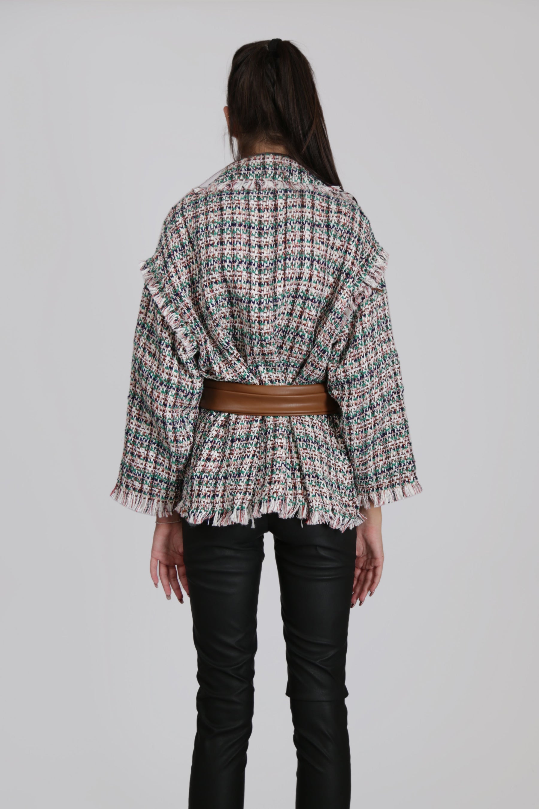 Green Textured Jacket with Black Faux Leather Belt