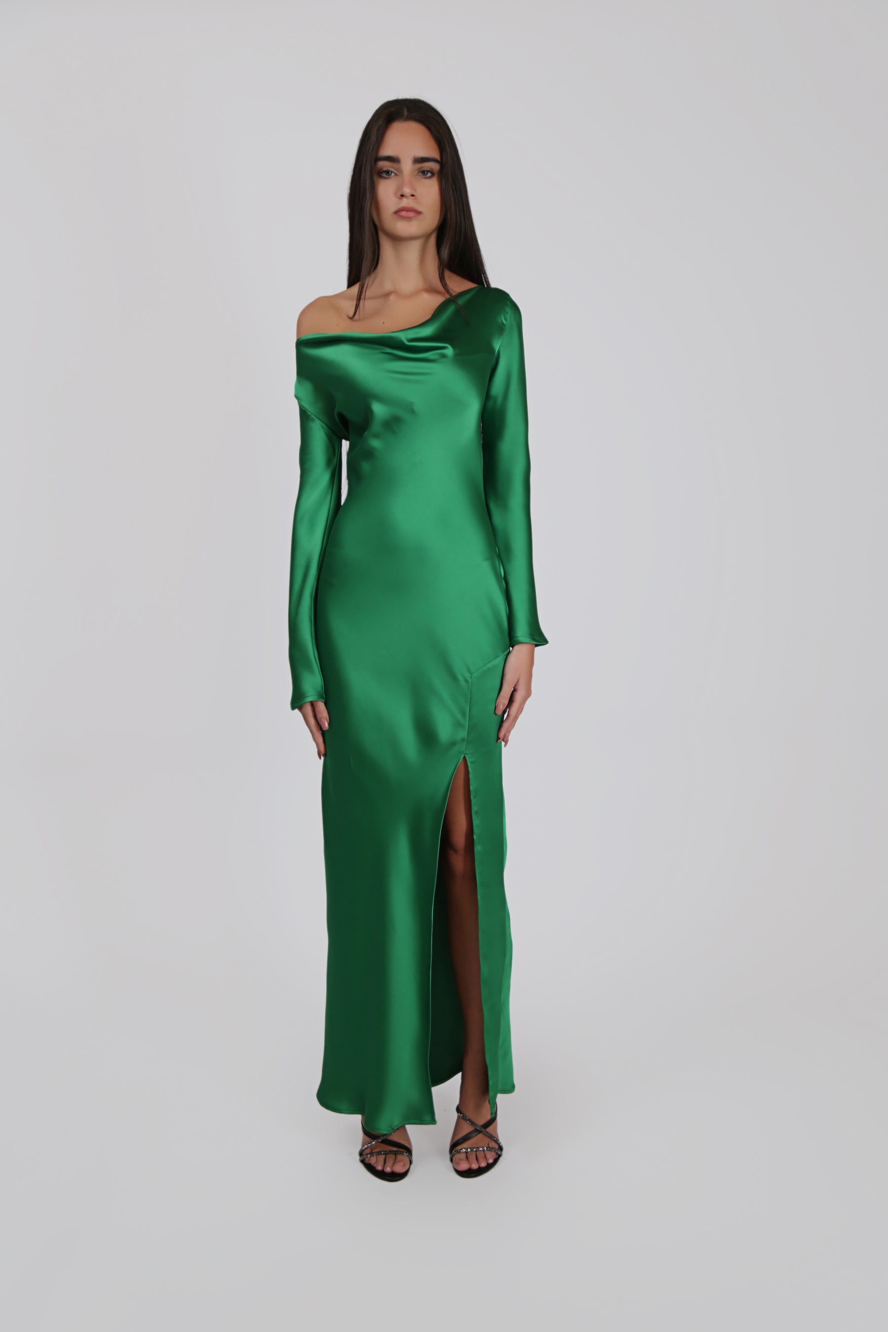 Long-Sleeved Satin Dress with Frontal Slit