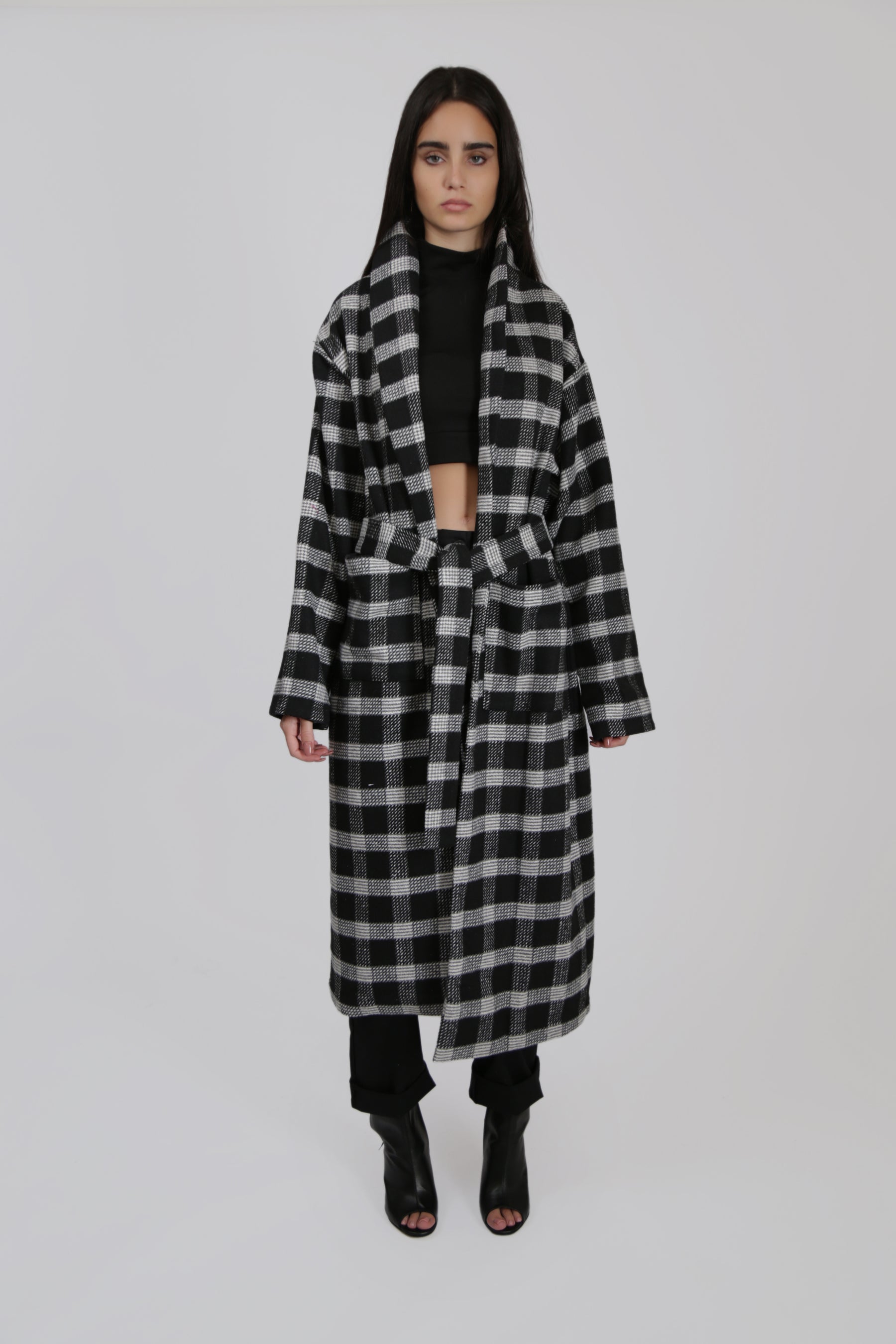 Black and White Textured Midi Coat with Belt