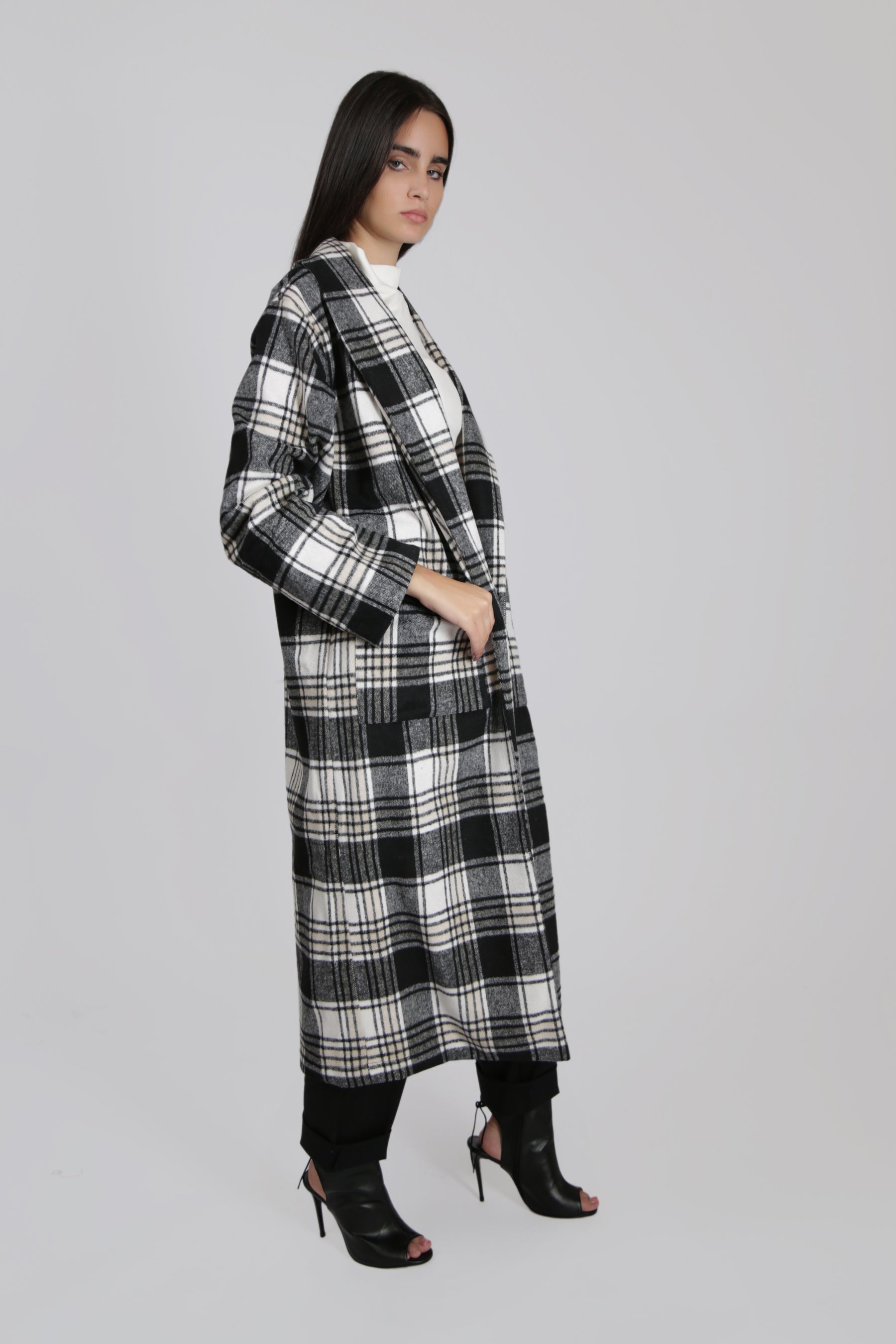 Black and White Midi Checked Coat with Belt