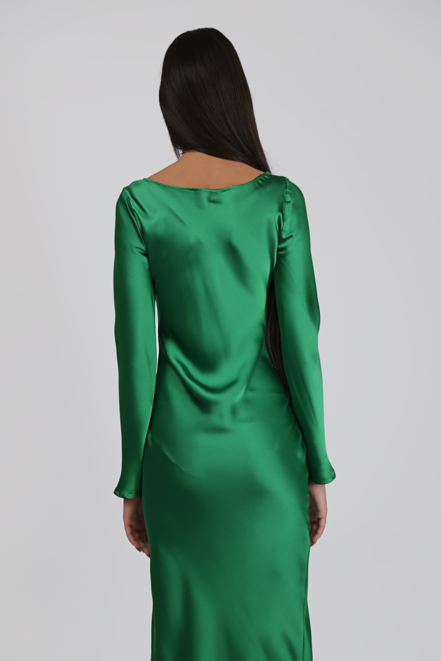 Long-Sleeved Satin Dress with Frontal Slit