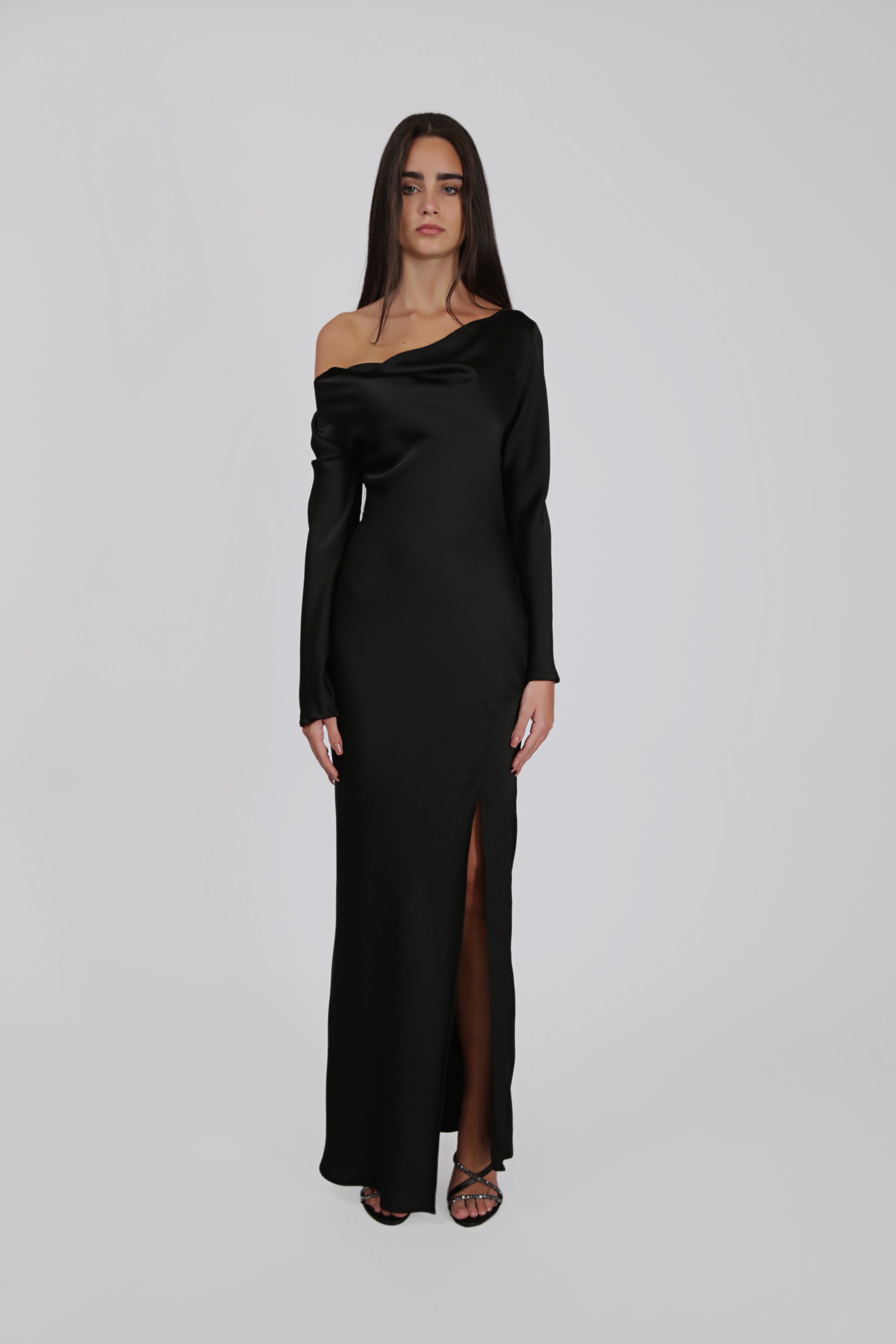 Long-Sleeved Satin Dress with Frontal Slit