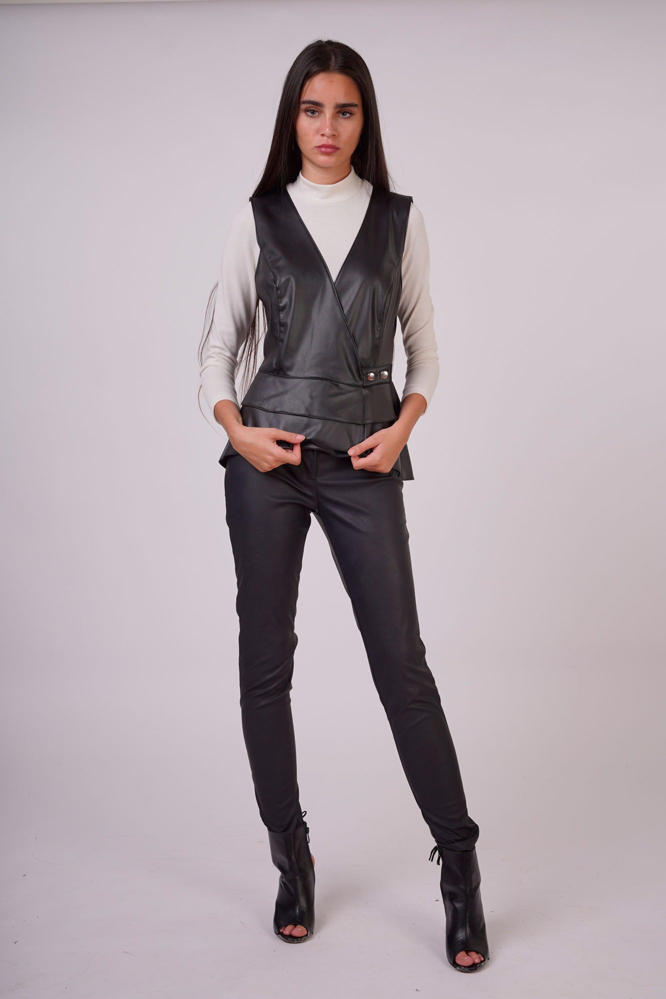 Faux Leather Waistcoat with Side Buttons