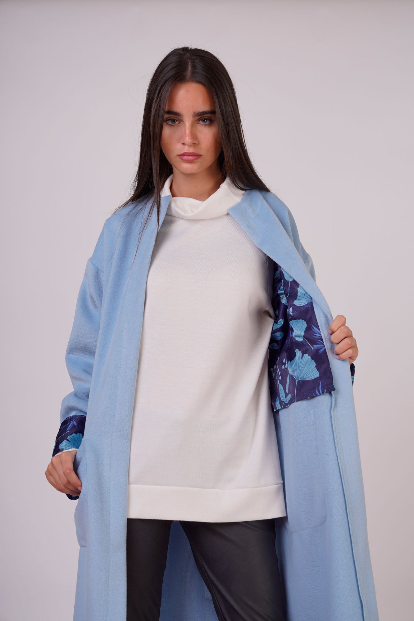 Leather Belted Wool Coat with Sleeve Details