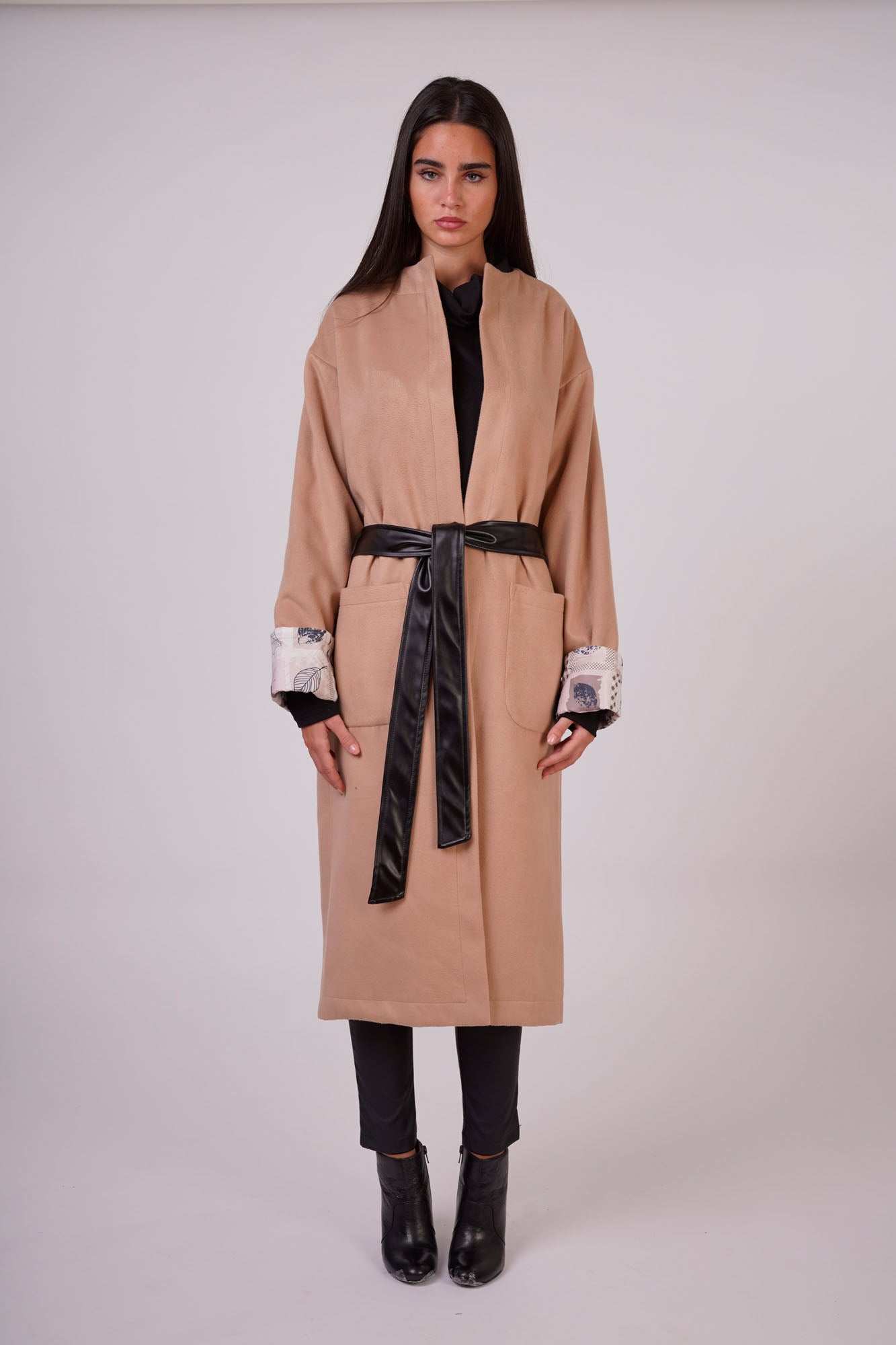 Leather Belted Wool Coat with Sleeve Details