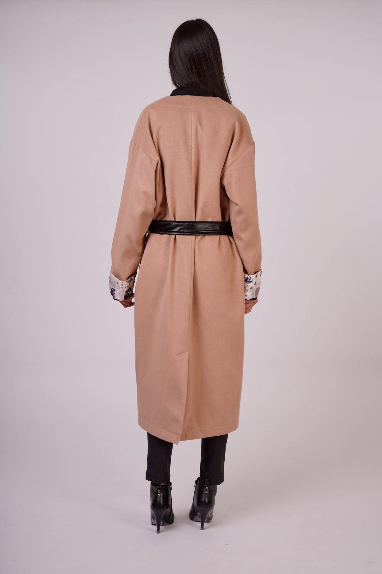Leather Belted Wool Coat with Sleeve Details