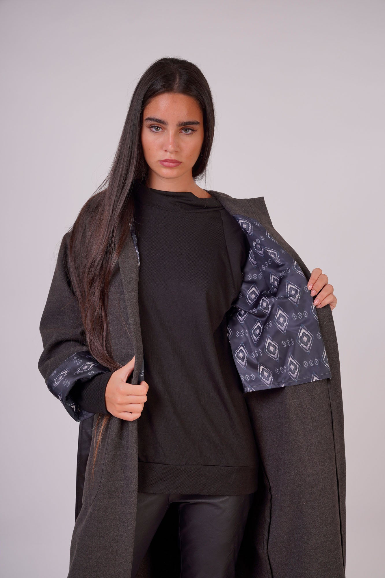 Leather Belted Wool Coat with Sleeve Details