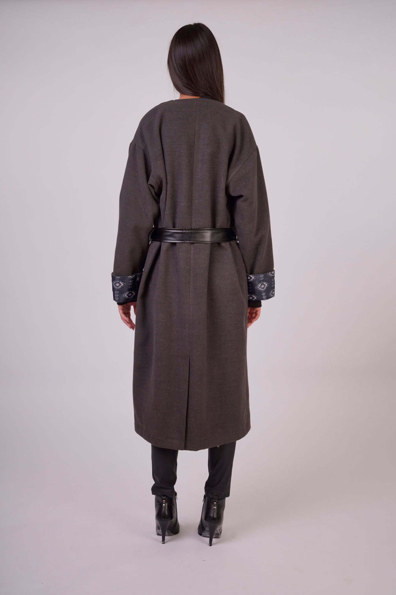 Leather Belted Wool Coat with Sleeve Details