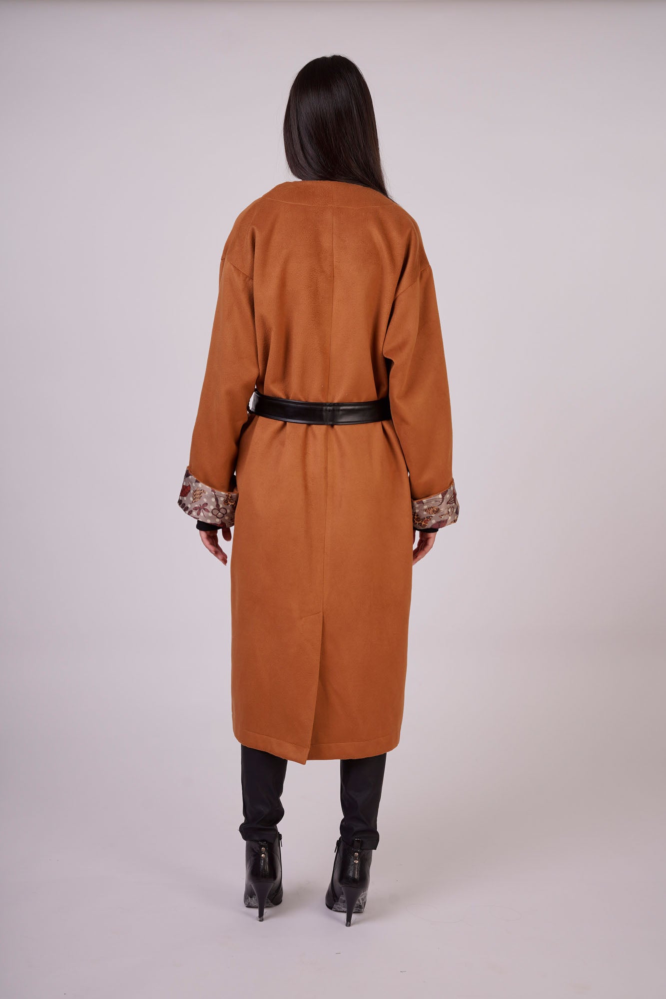 Leather Belted Wool Coat with Sleeve Details