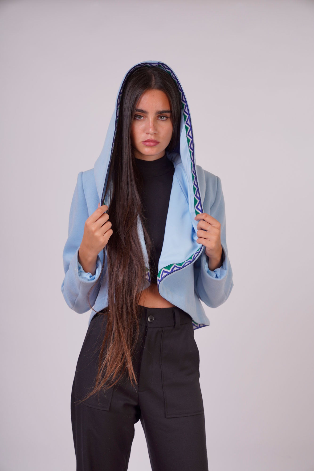 Wool Jacket with Cape and Patterned Effect on The Side