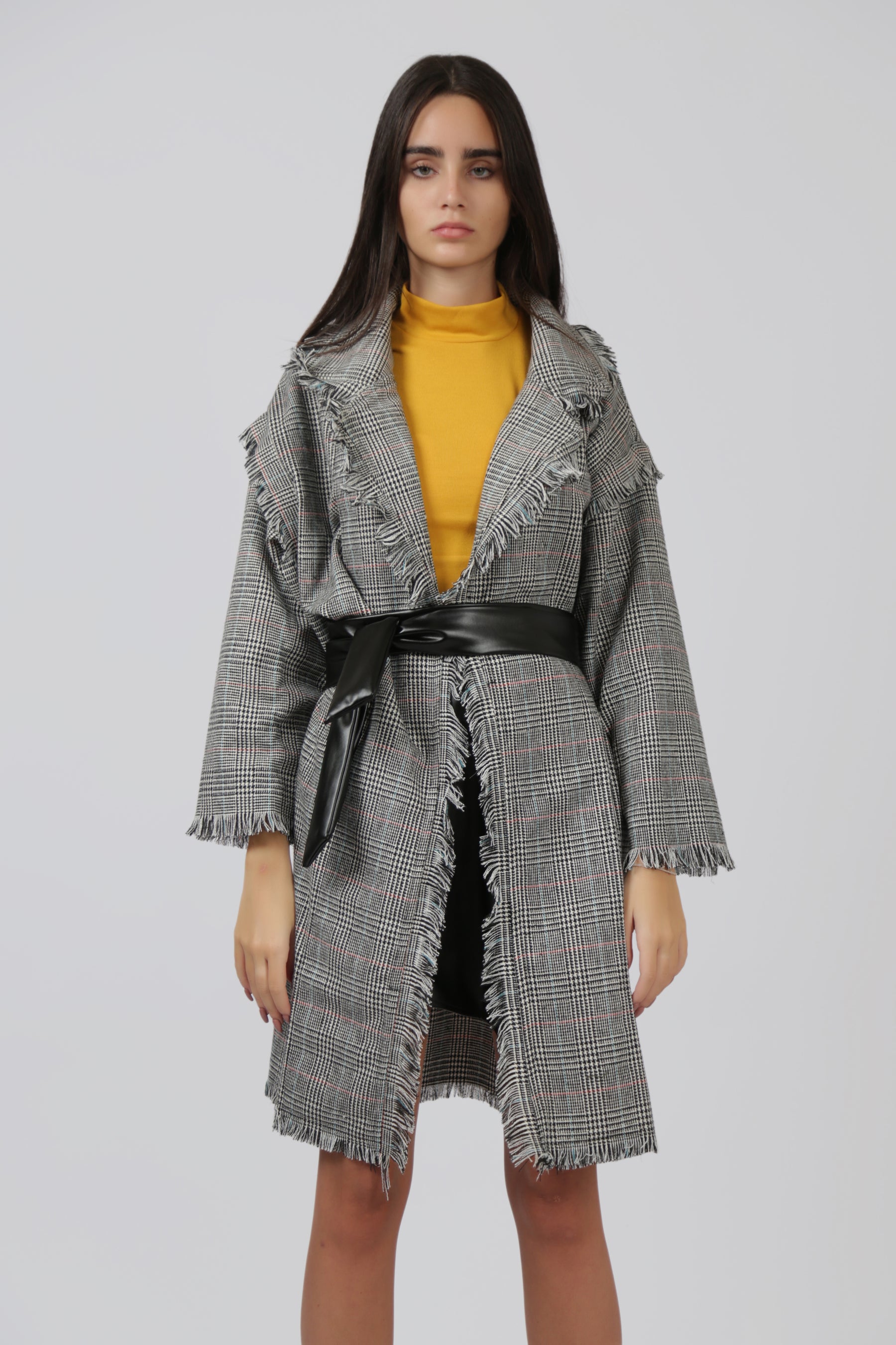 Checked Frill Coat with Black Faux Leather Belt