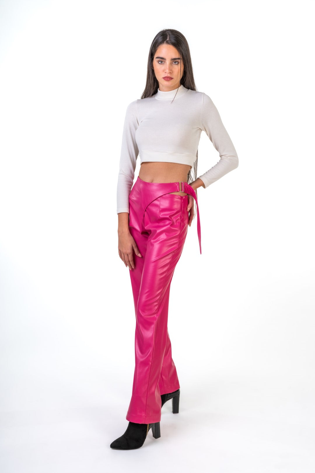 Faux Leather Pants With Side Buckels