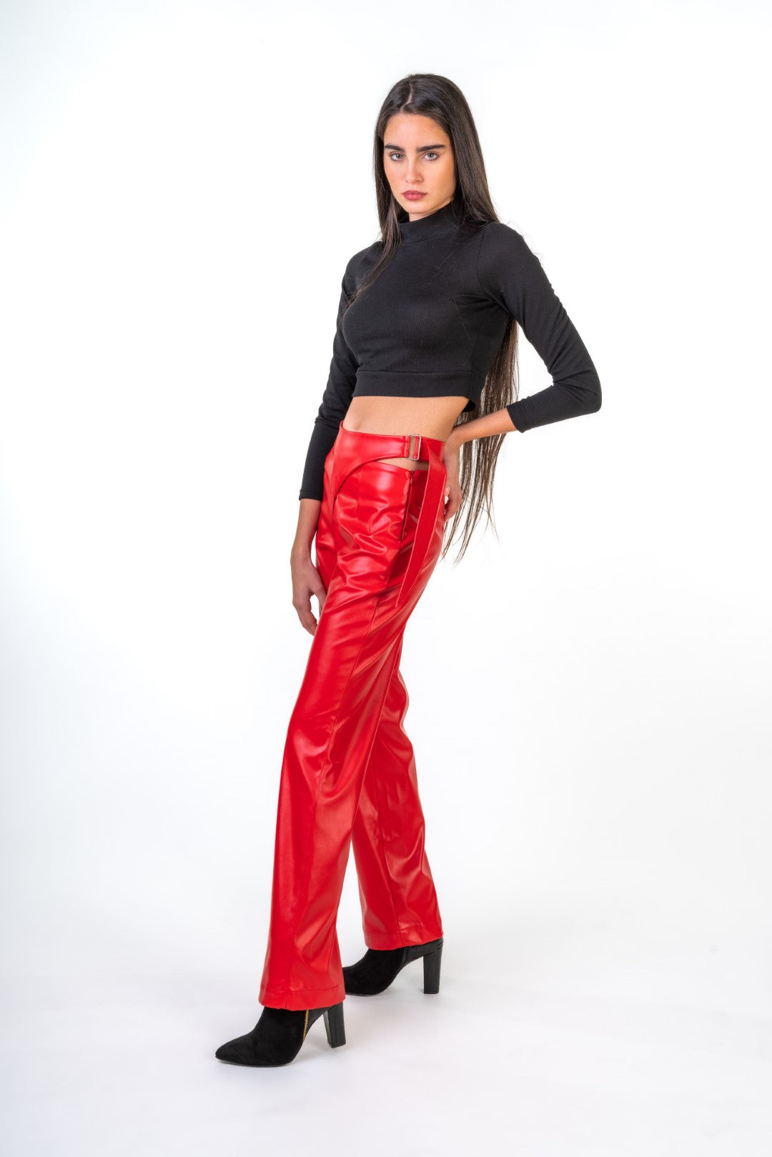 Faux Leather Pants With Side Buckels