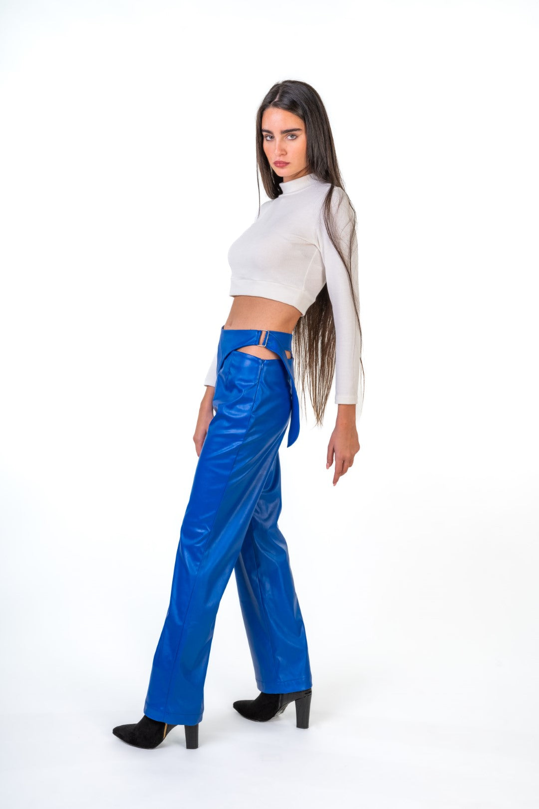 Faux Leather Pants With Side Buckels