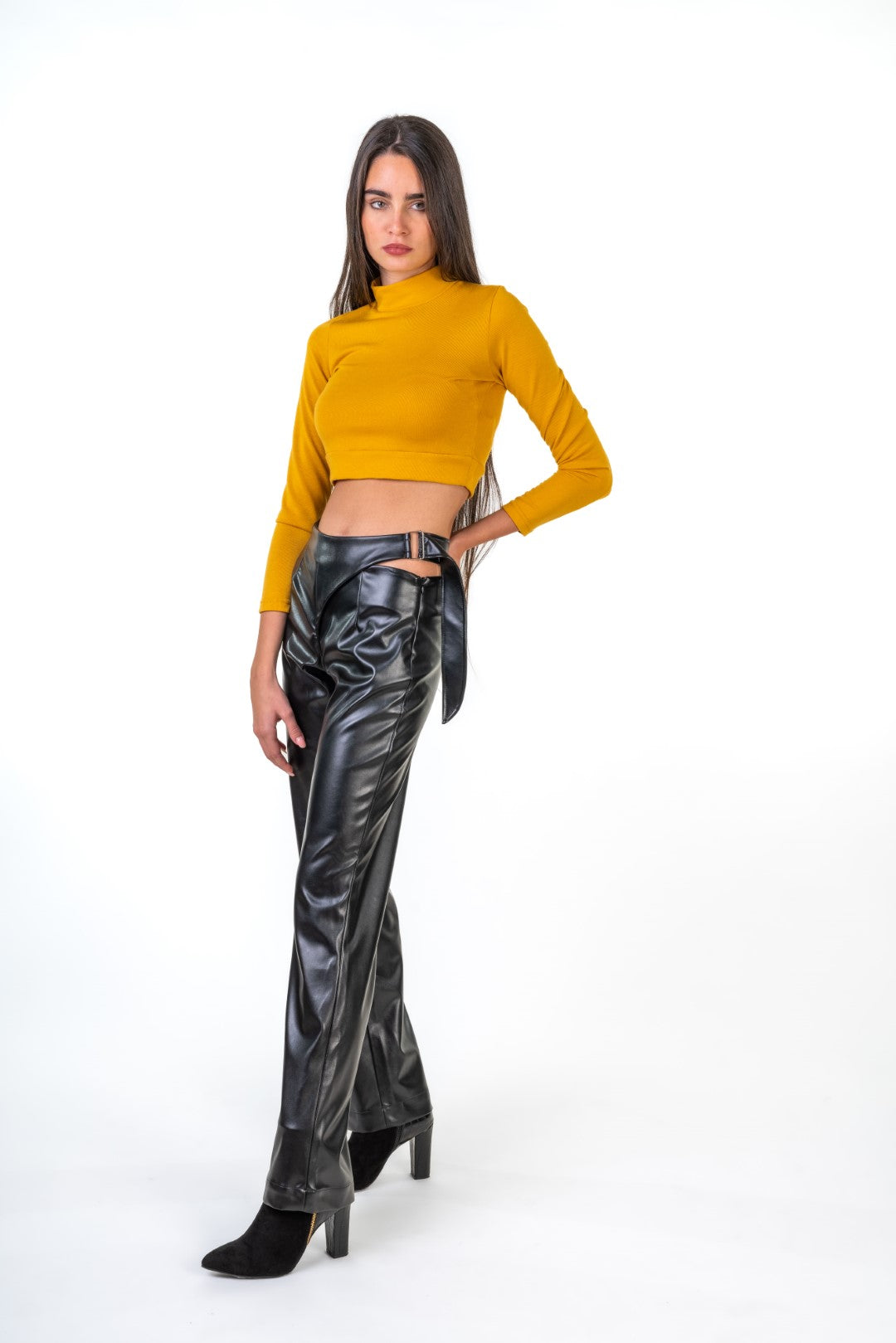Faux Leather Pants With Side Buckels