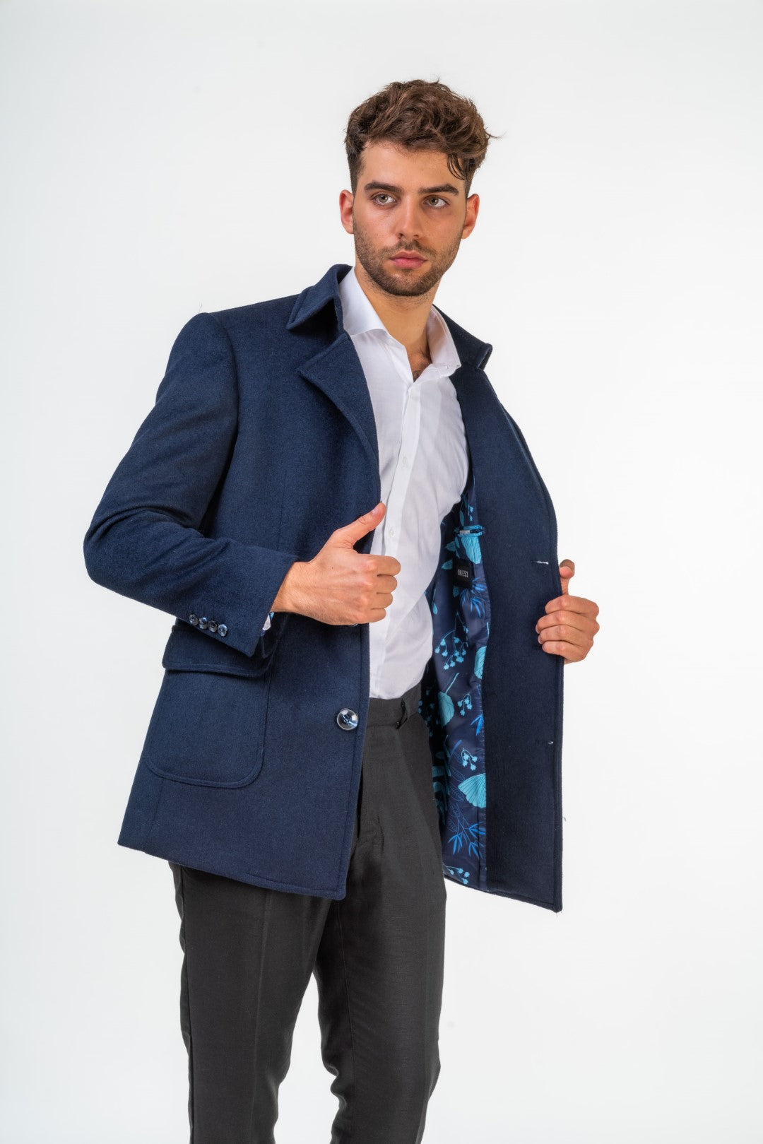 Navy Blue Wool Jacket with Floral Lining