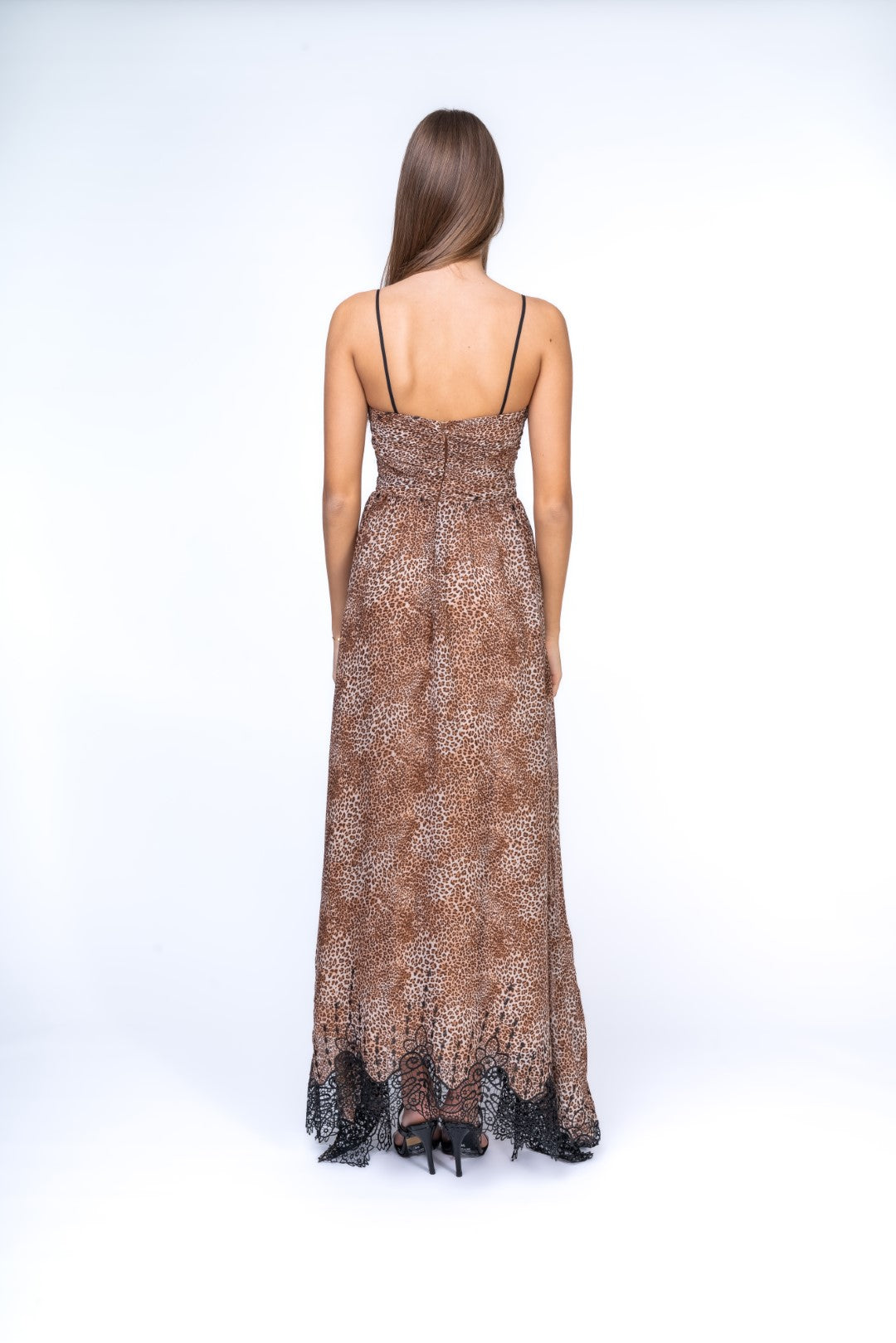 Leopoard Maxi Dress with Frontal Cut Out and Lace Trimming