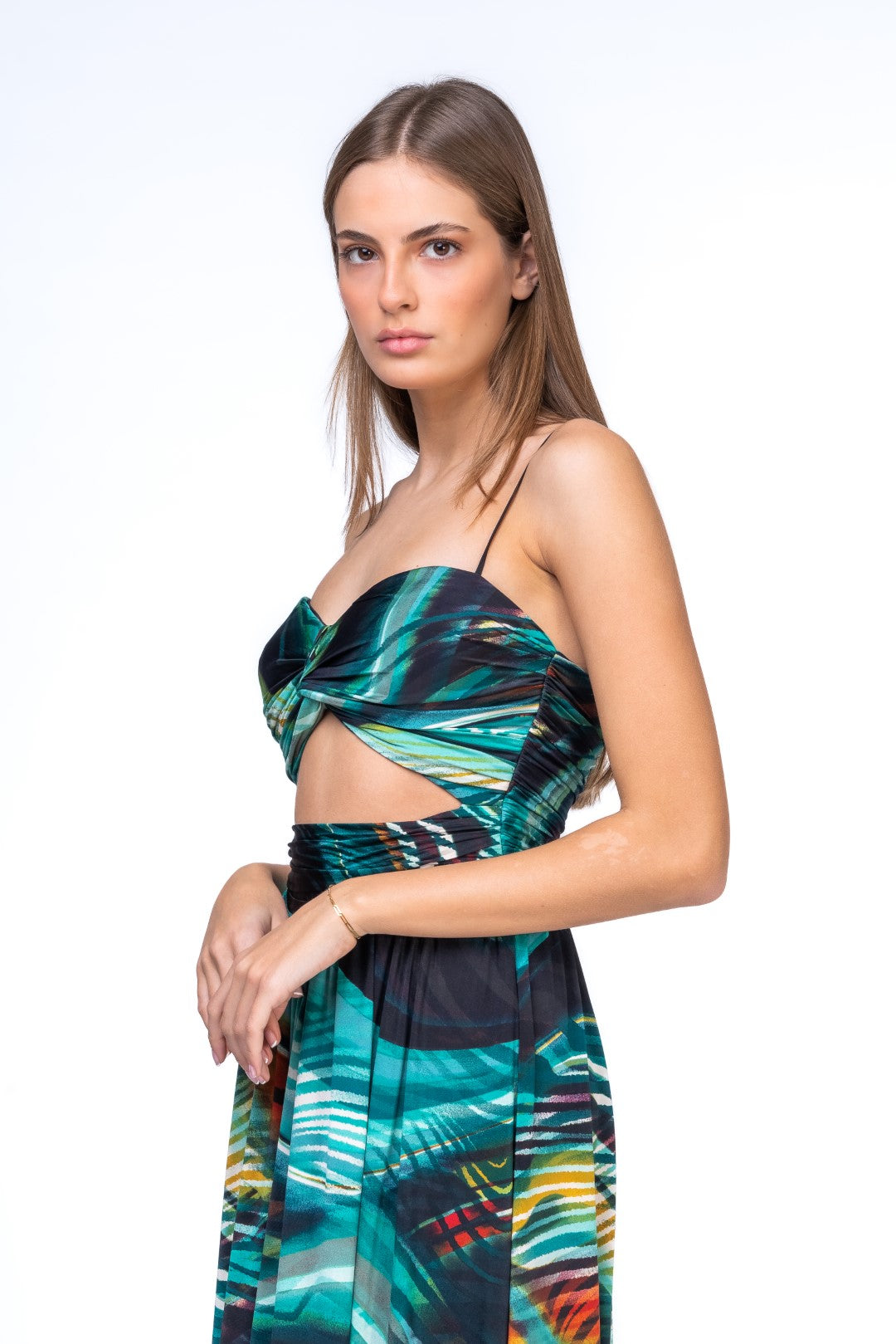 Maxi Dress with Frontal Cut Out and Abstract Lace Trimming