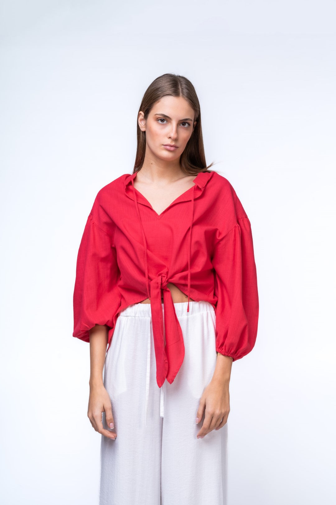 Linen Shirt With Voluminous Sleeves and Frontal Tie