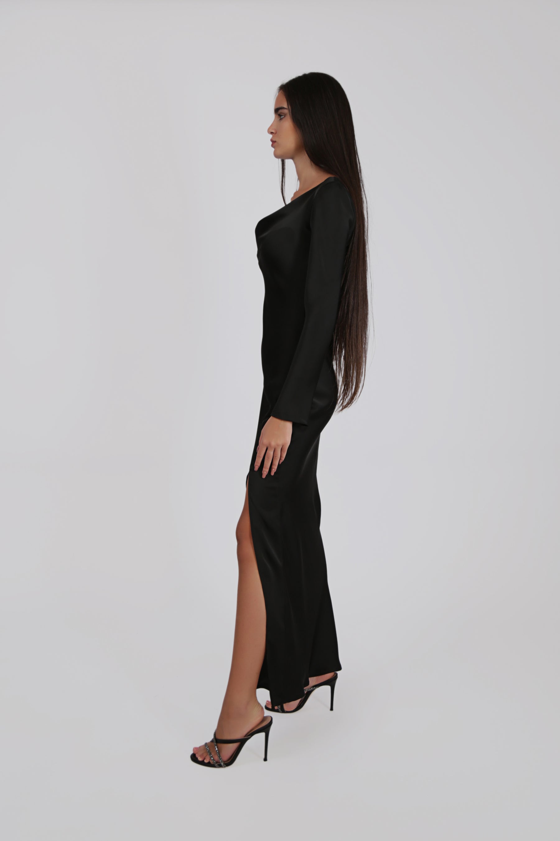 Long-Sleeved Satin Dress with Frontal Slit