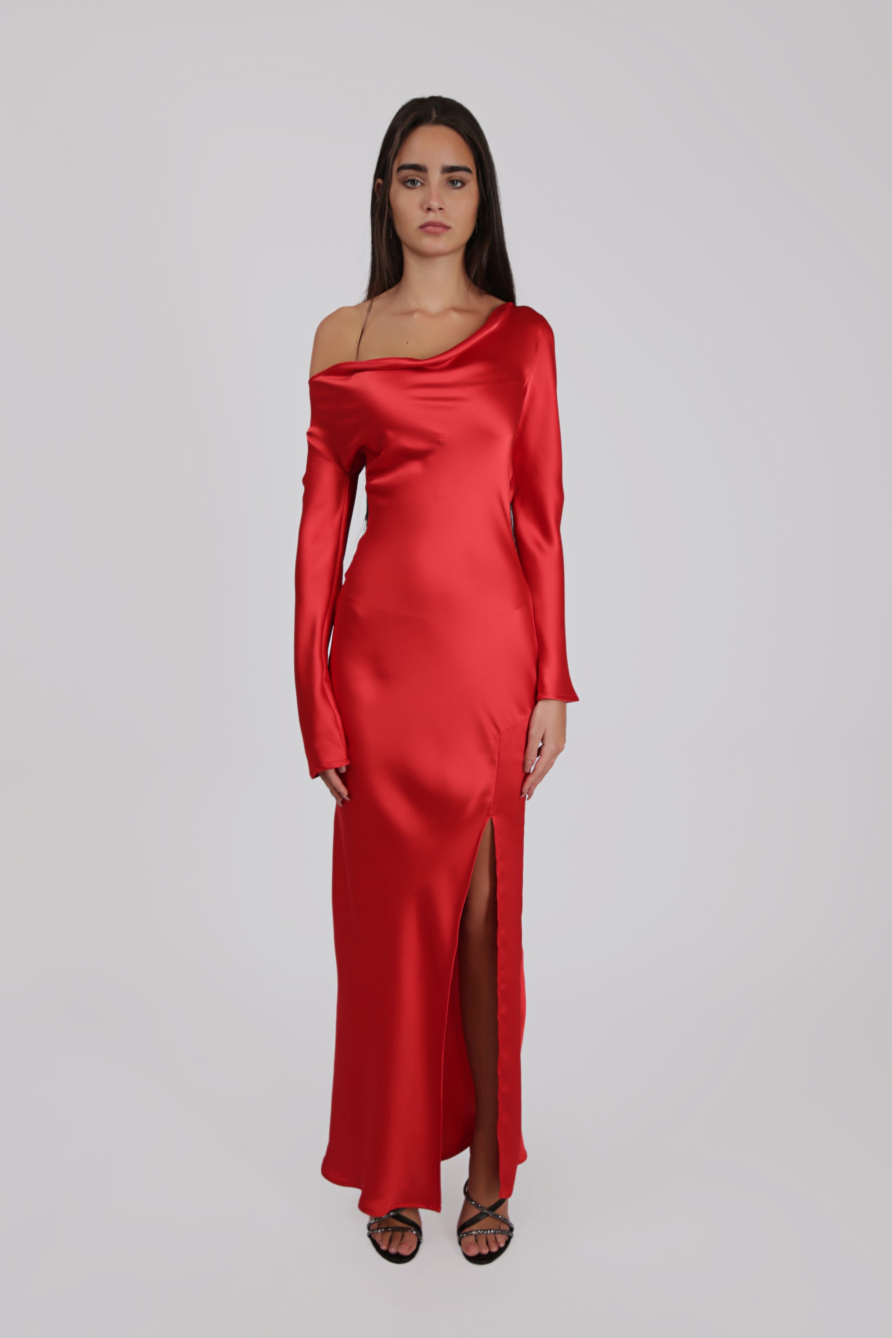 Long-Sleeved Satin Dress with Frontal Slit