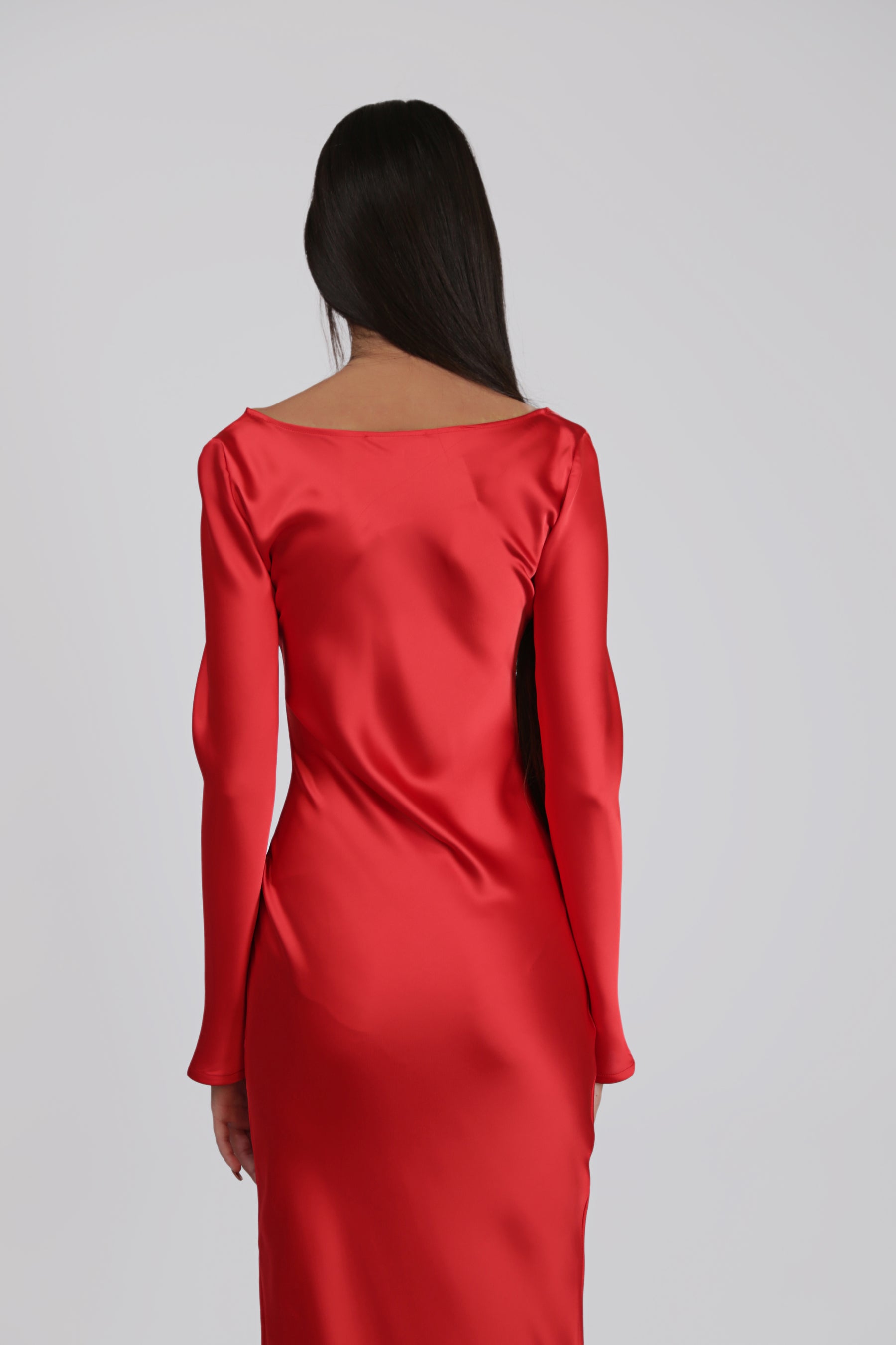Long-Sleeved Satin Dress with Frontal Slit
