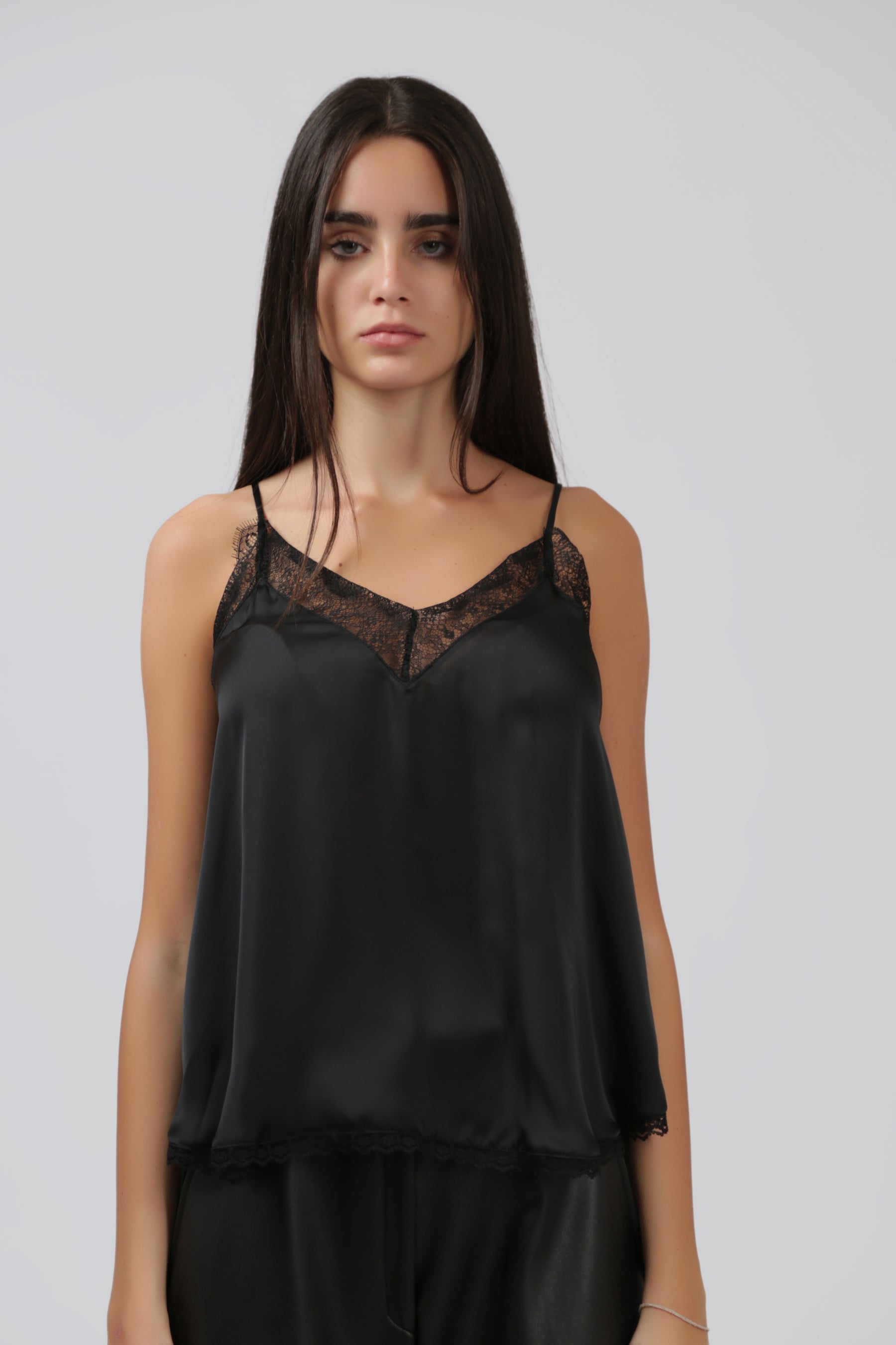 Silk Blouse with Black Lace Trimming