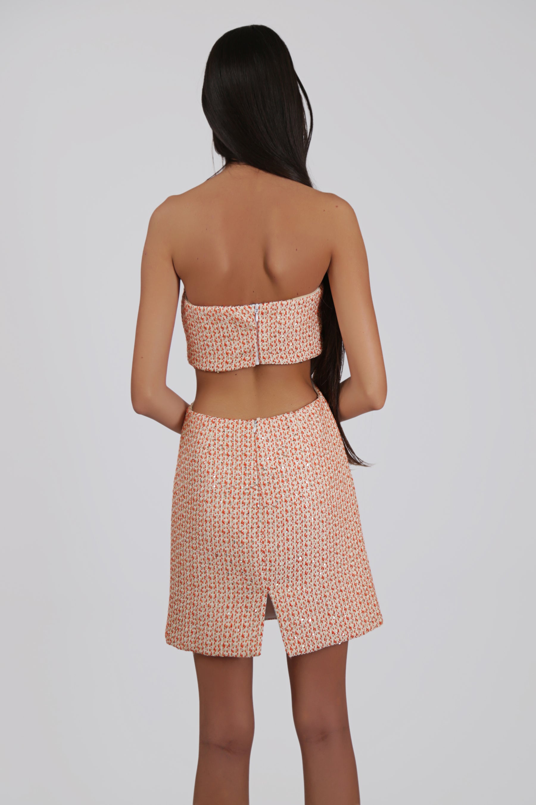 Sequined Gold Tweed Mini Dress with Side Cuts and Open Back