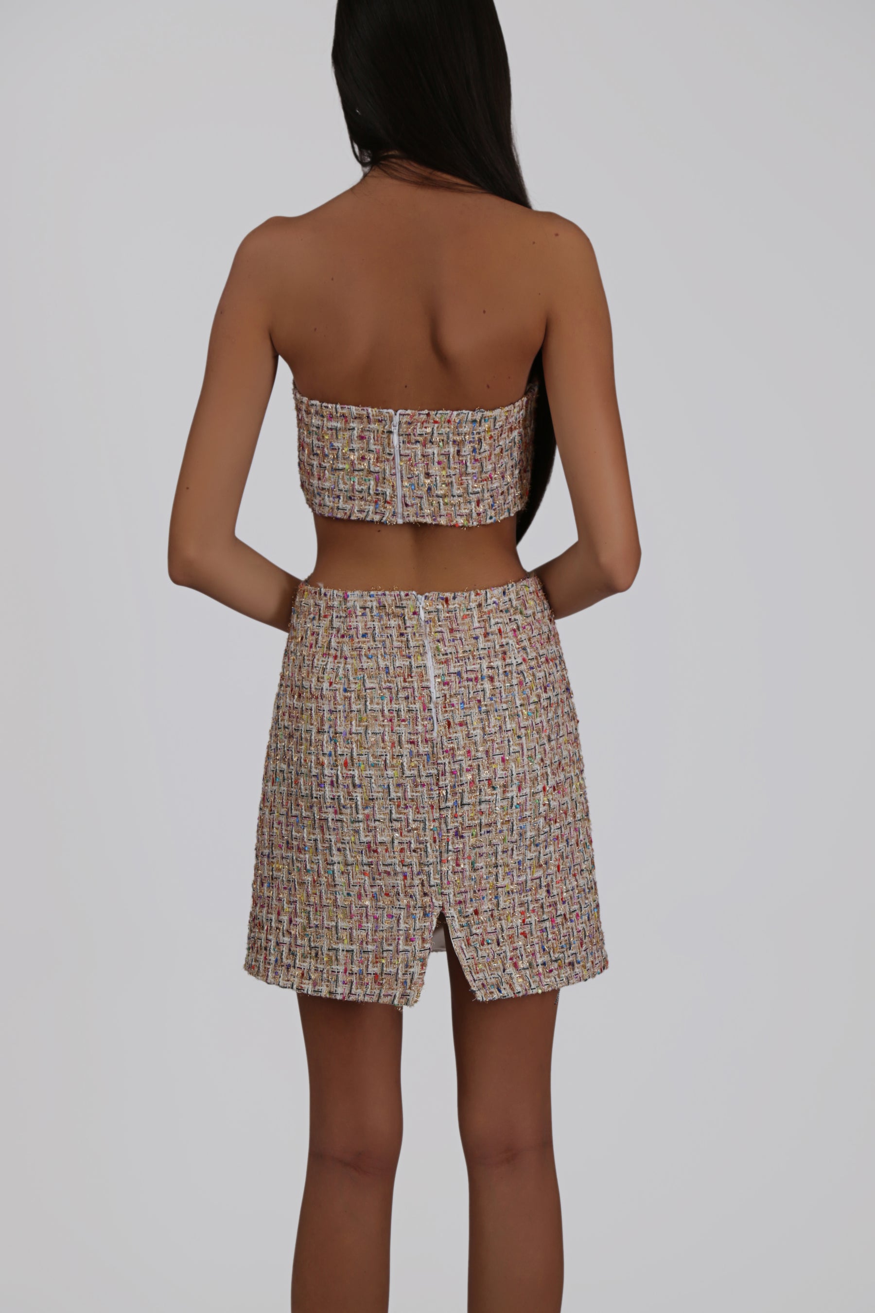 Gold Tweed Mini-Dress with Side Cuts and Open Back