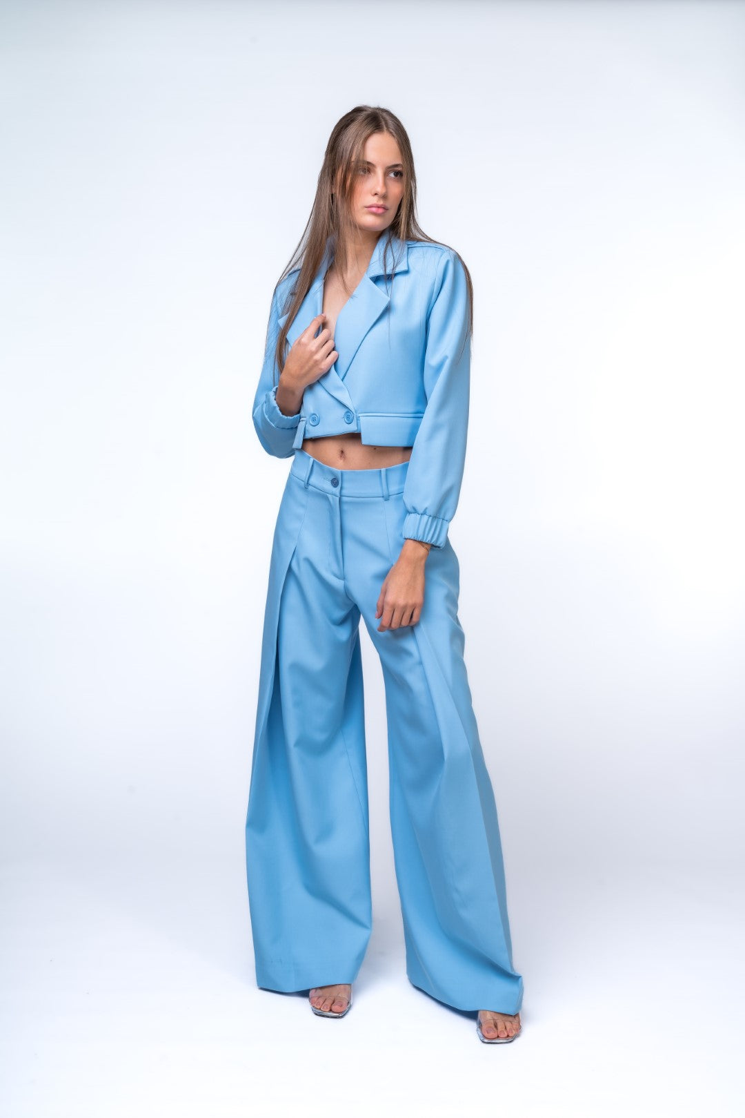 Full Length Pleated Trouser Suit and Short Cut Out Jacket with Pockets
