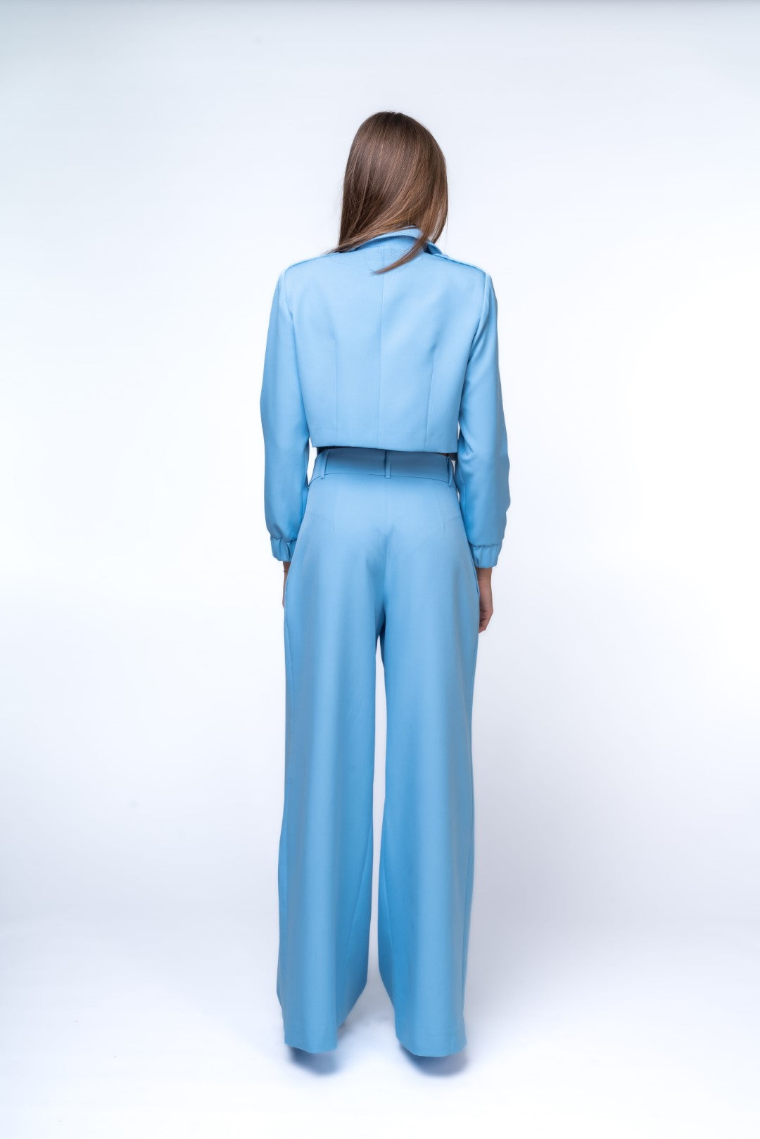 Full Length Pleated Trouser Suit and Short Cut Out Jacket with Pockets