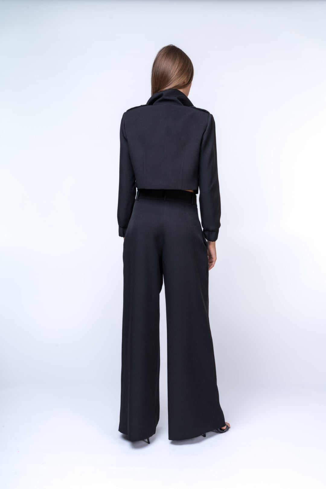 Full Length Pleated Trouser Suit and Short Cut Out Jacket with Pockets