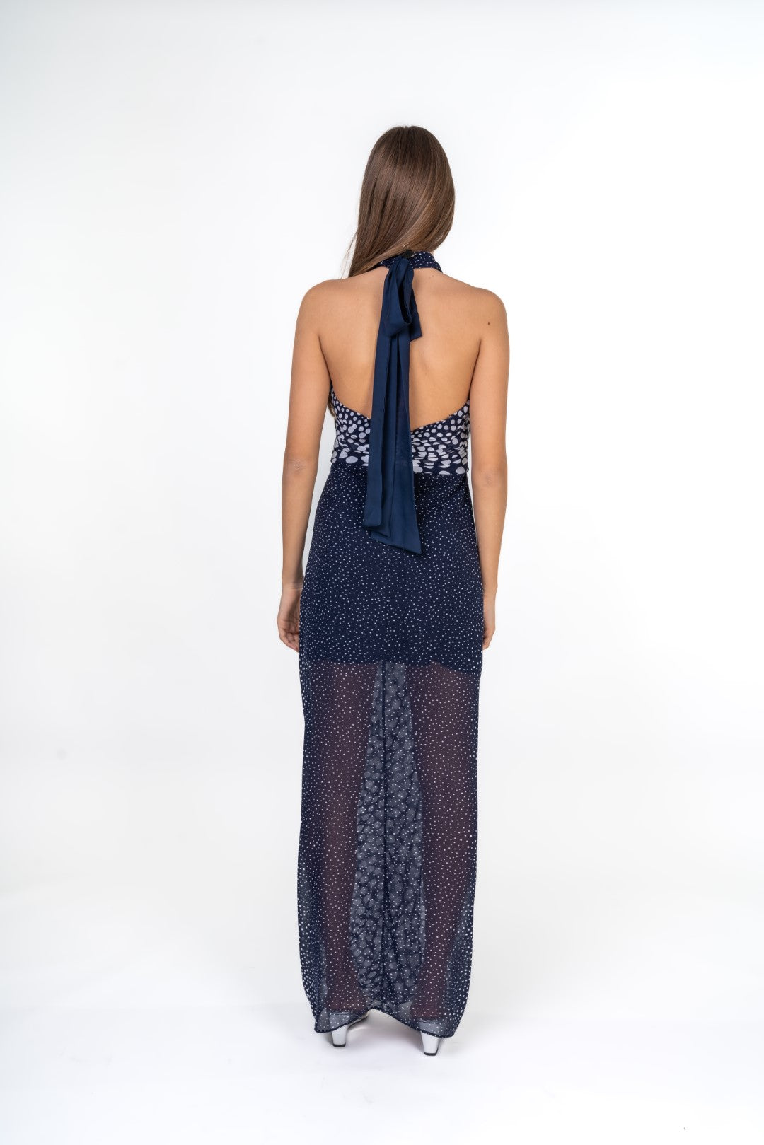 Blue Halter Dotted Maxi Dress With Frontal Slit