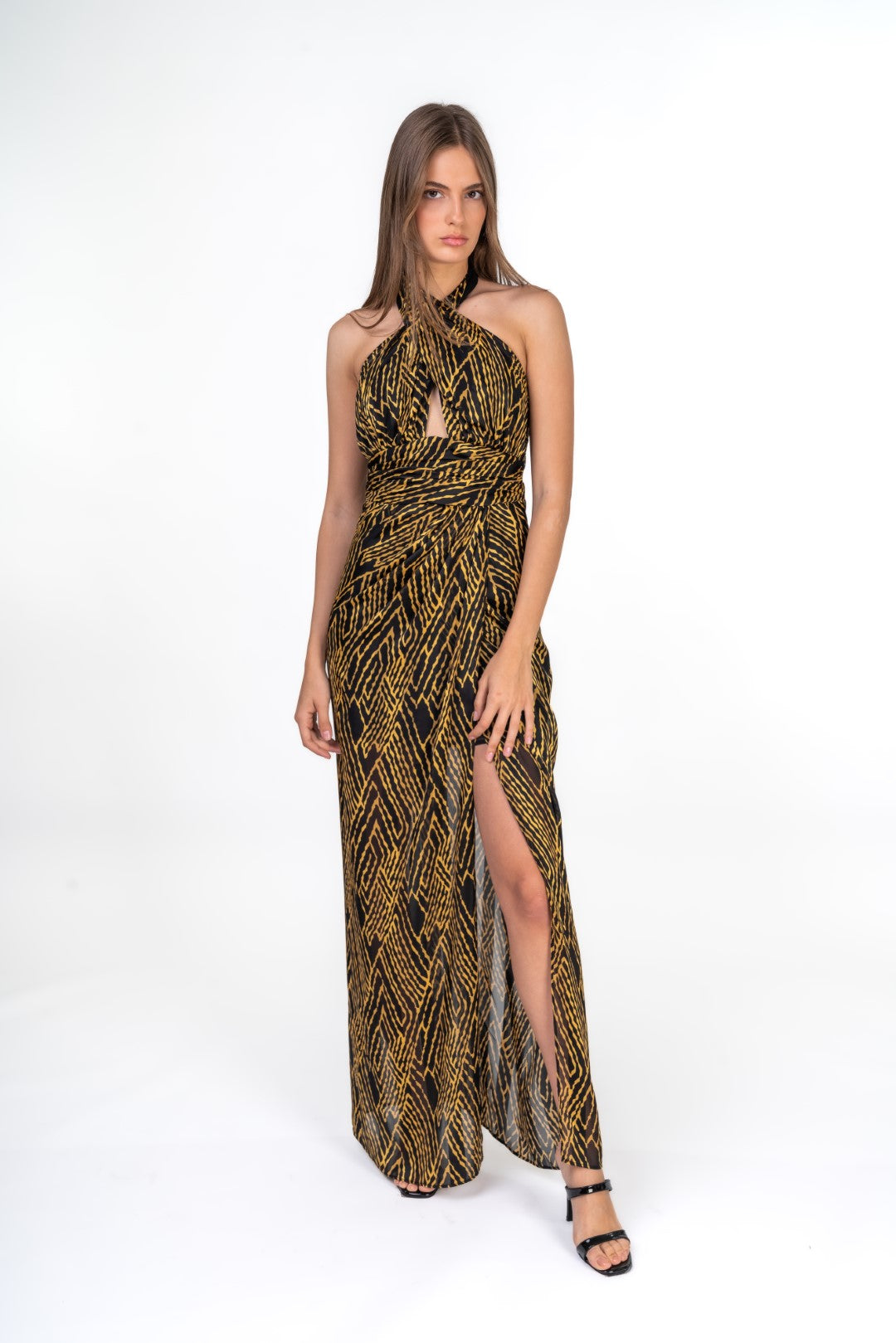 Black And Gold Halter Tribal Maxi Dress With Frontal Slit