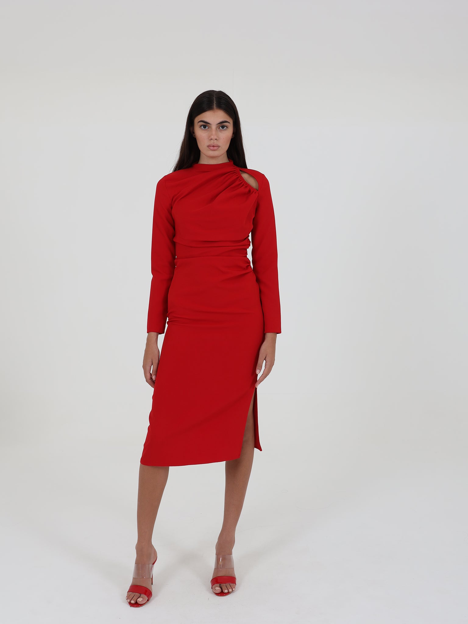 Long Sleeve Midi Dress With Open Cut Detail