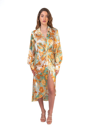 Patterned Flowery Satin Dress