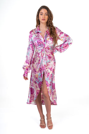 Patterned Flowery Satin Dress