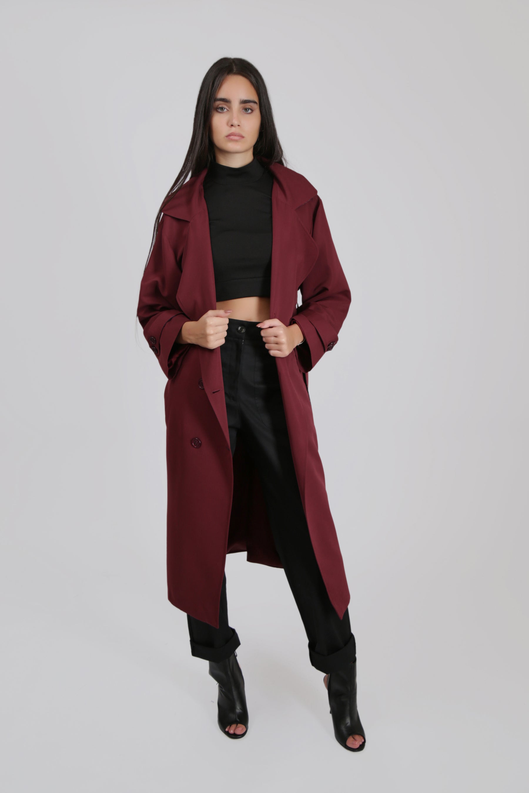 Trench Coat with Belt and Collar Details