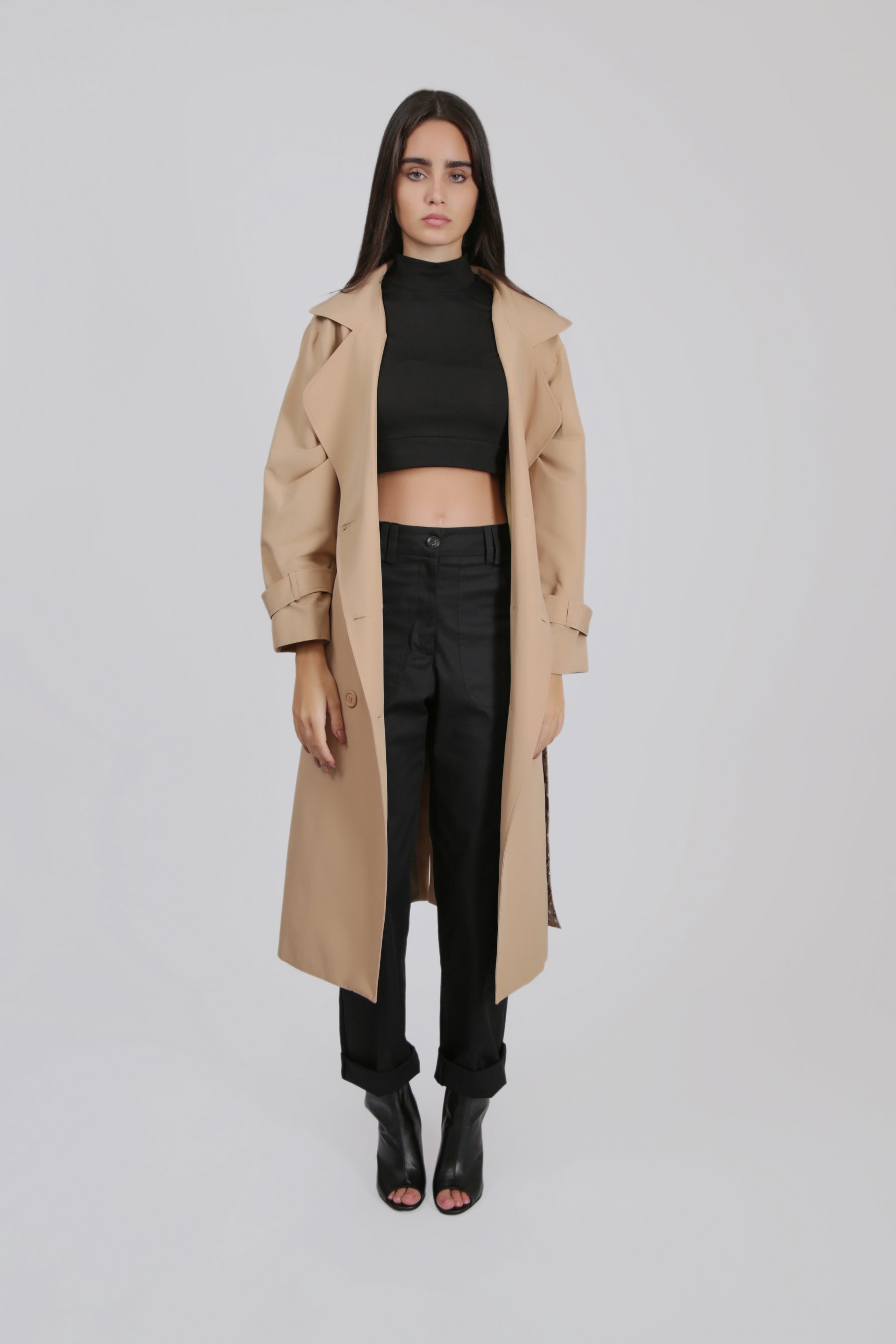 Trench Coat with Belt and Collar Details