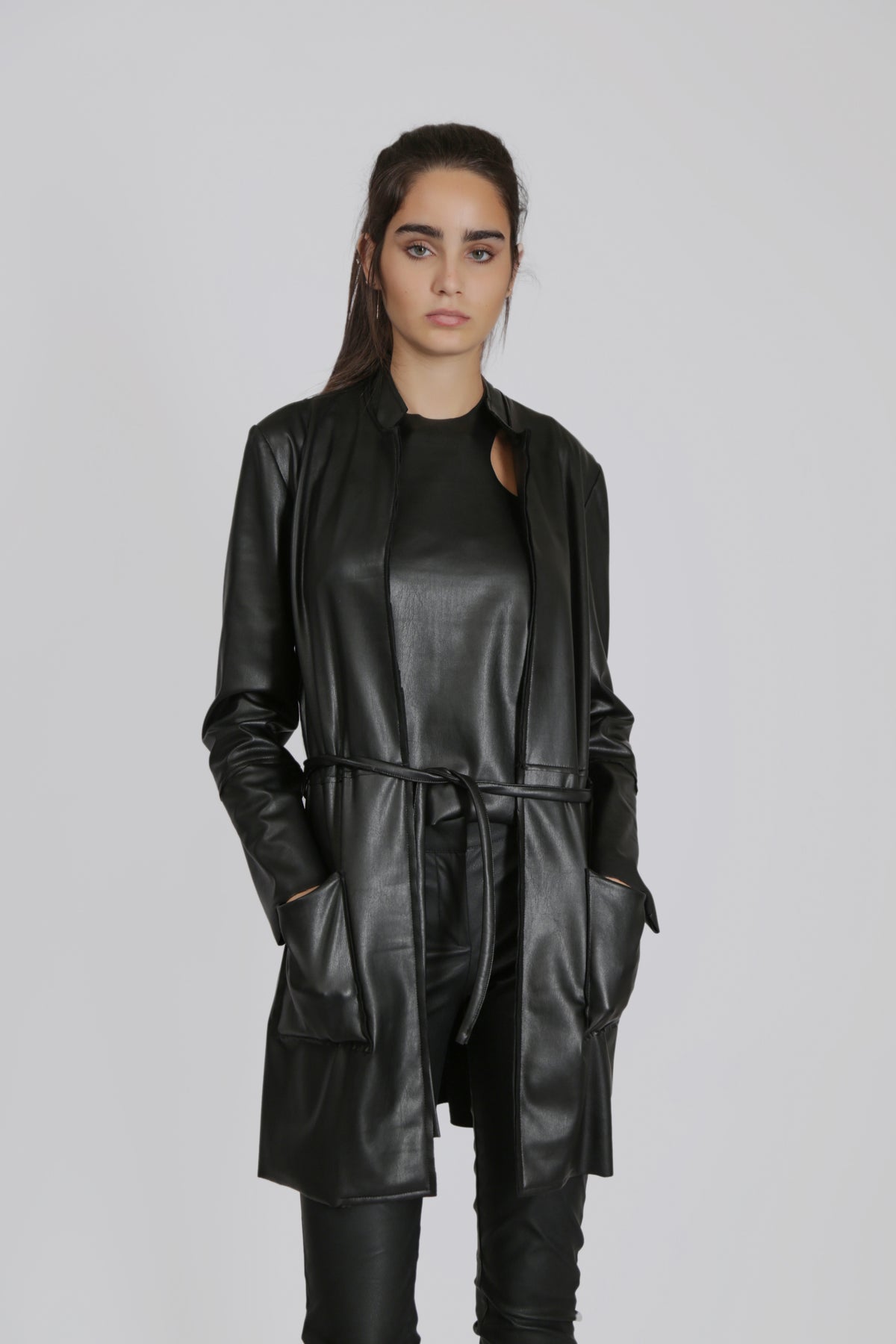 Faux Tailored Leather Jacket with Belt