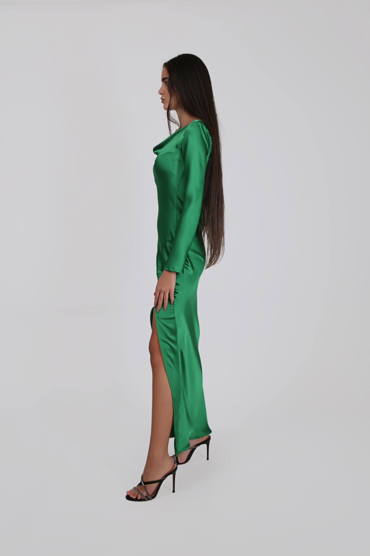 Long-Sleeved Satin Dress with Frontal Slit