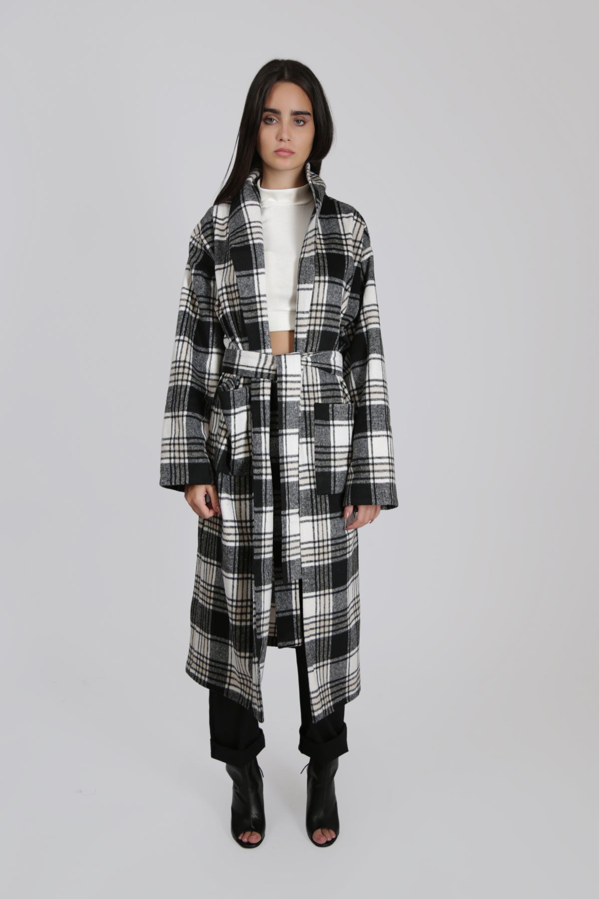 Black and White Midi Checked Coat with Belt