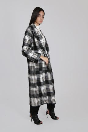 Black and White Midi Checked Coat with Belt